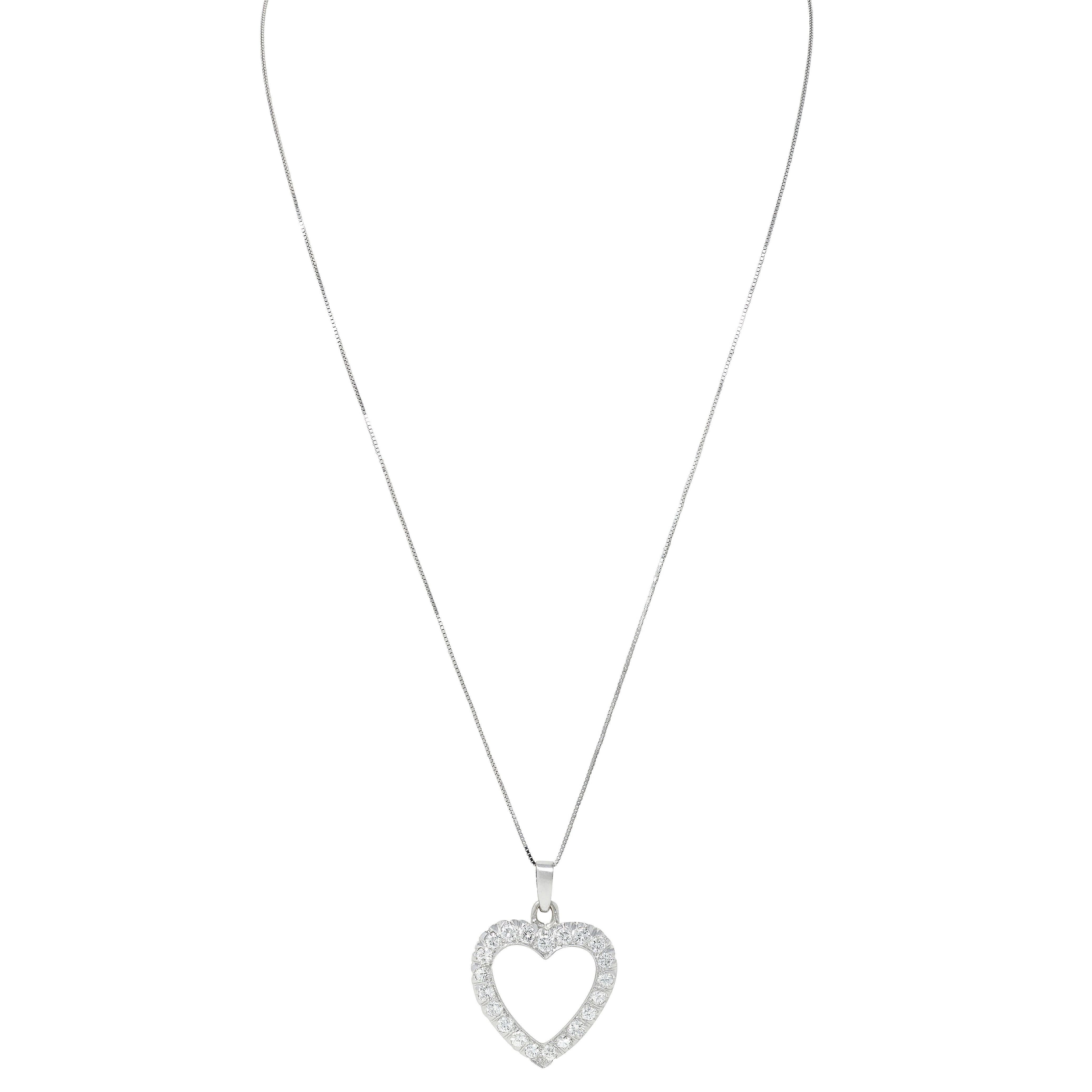 1950's 2.10 CTW Diamant 14 Karat Weißgold Vintage Herz Anhänger Halskette im Angebot 1