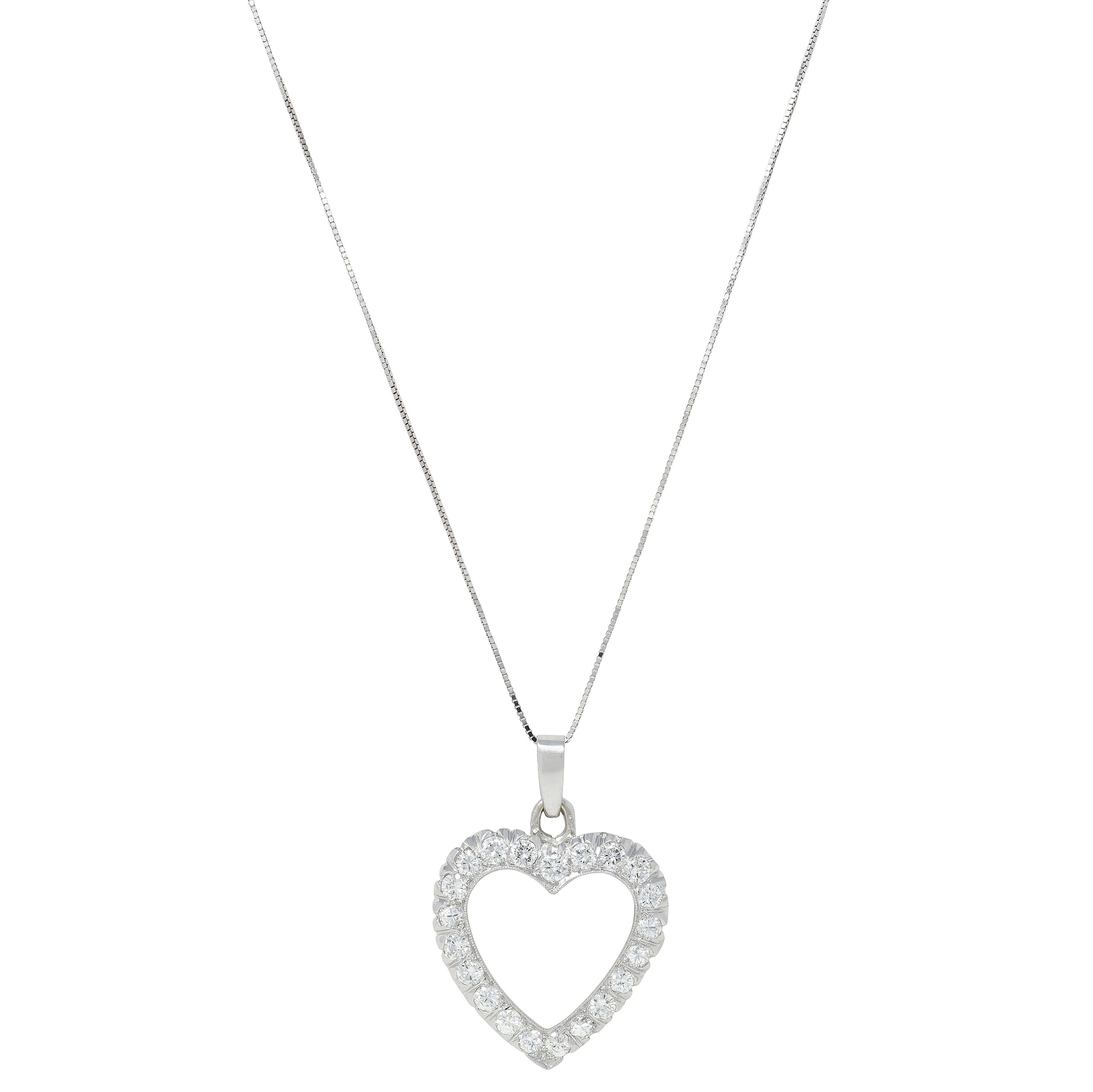 Collana con ciondolo a forma di cuore vintage in oro bianco 14 carati, anni '50, con diamante da 2,10 CTW