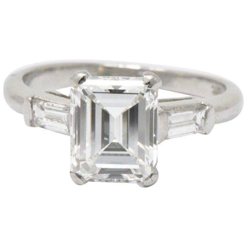 1950's 2.16 Carat Emerald Cut Diamond & Platinum Alternative Engagement Ring GIA