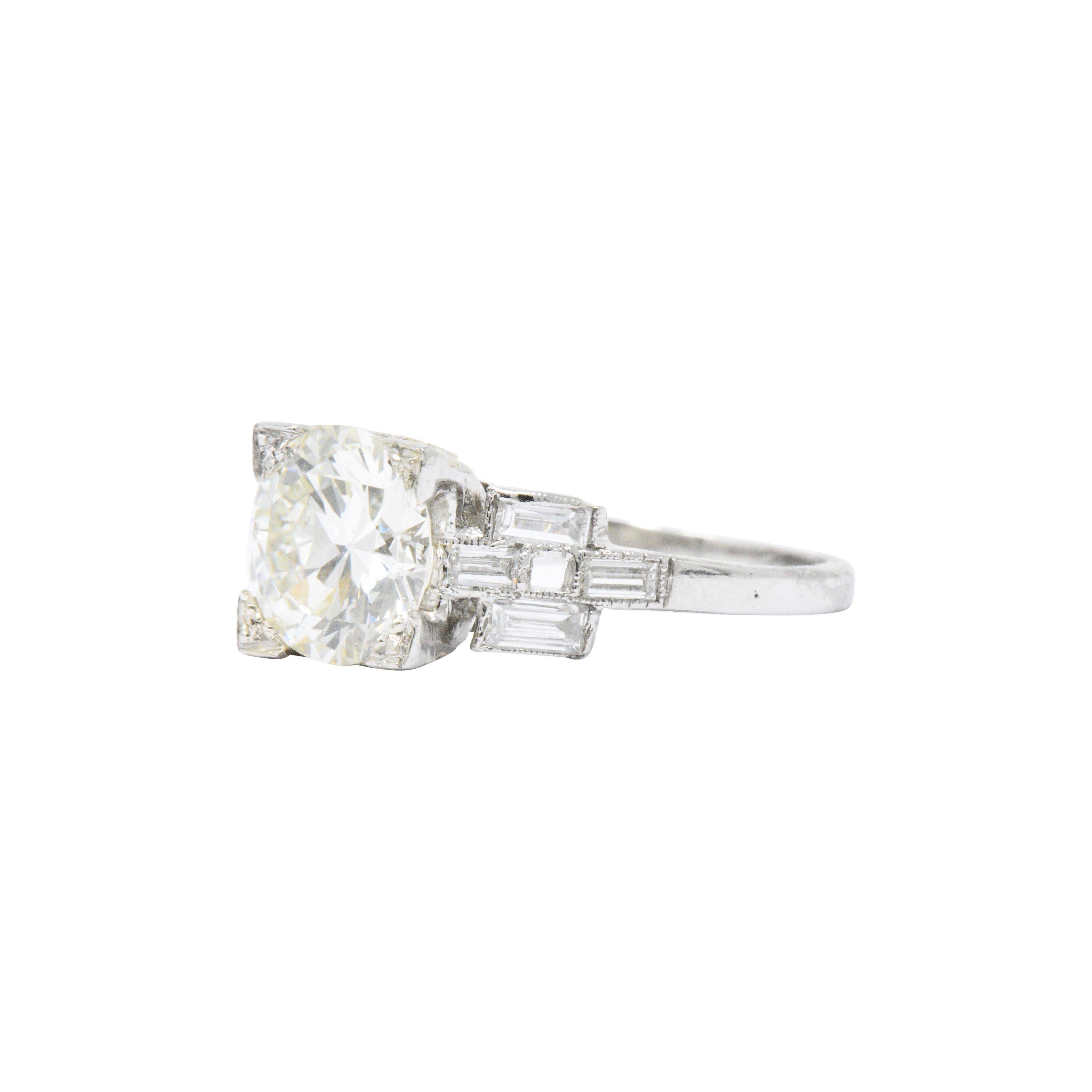 Mid-Century 2.54 Carats Diamond Platinum Engagement Ring GIA Circa 1950 In Excellent Condition In Philadelphia, PA