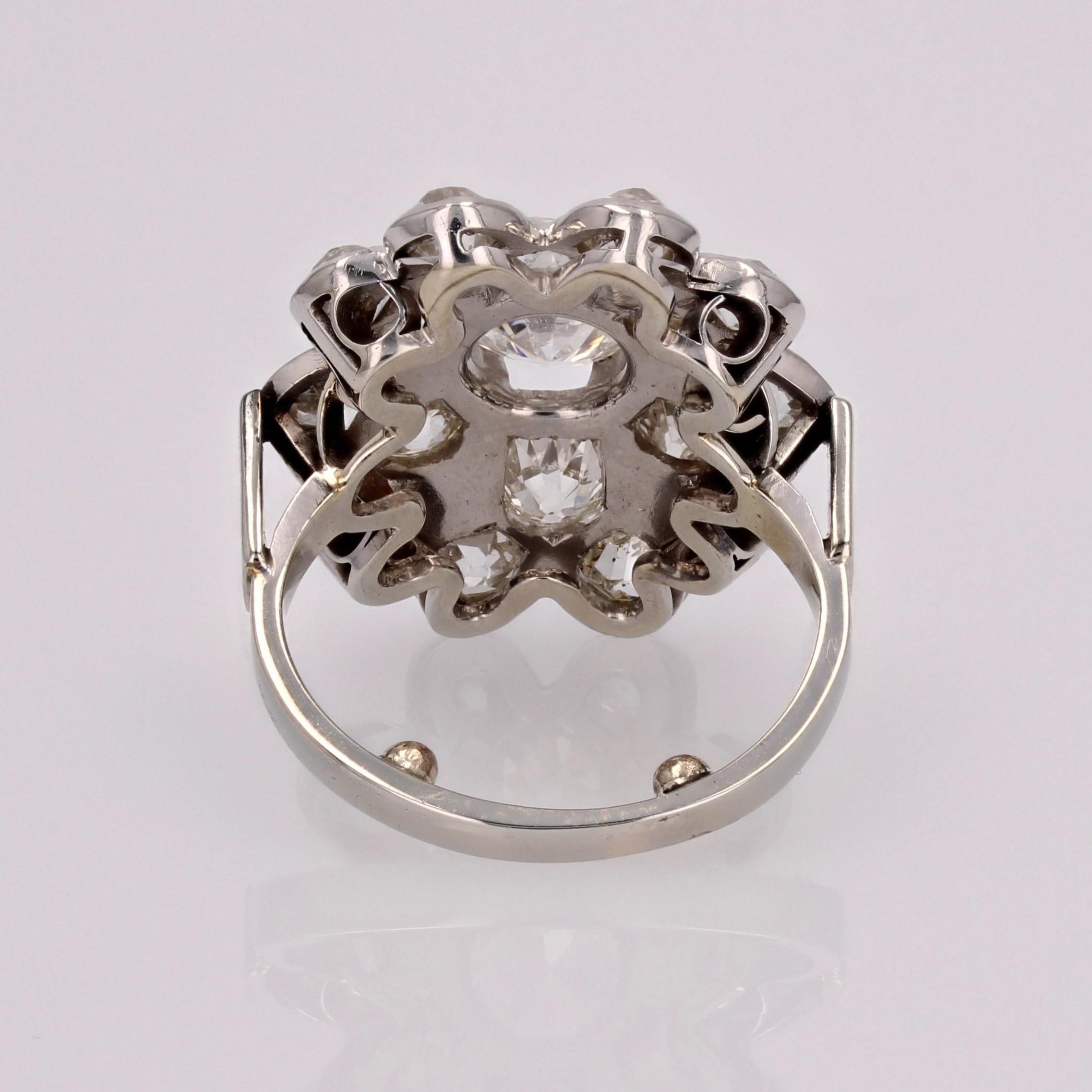 1950s 2.65 Carat Diamonds 18 Karat White Gold Flower Ring For Sale 8