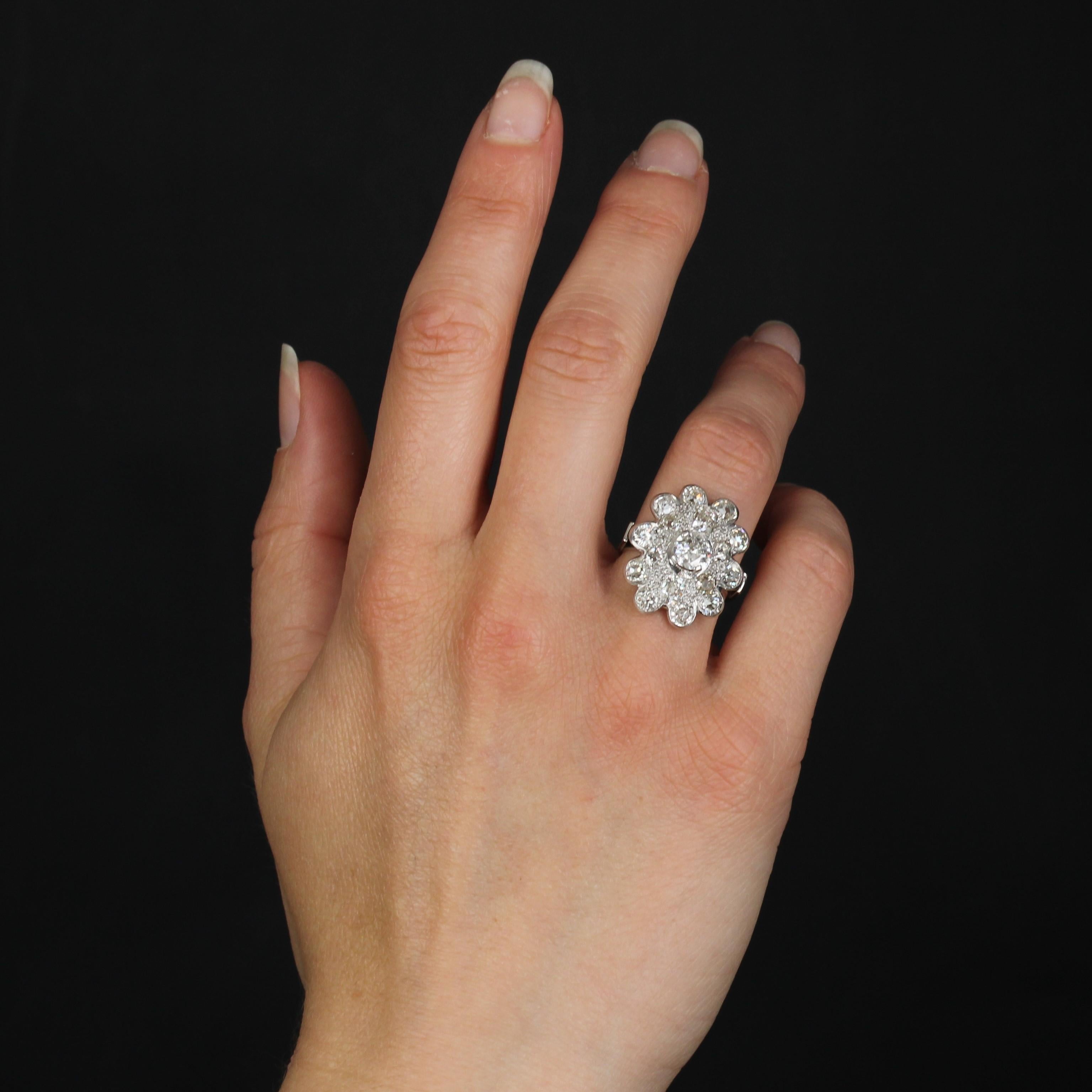 Brilliant Cut 1950s 2.65 Carat Diamonds 18 Karat White Gold Flower Ring For Sale