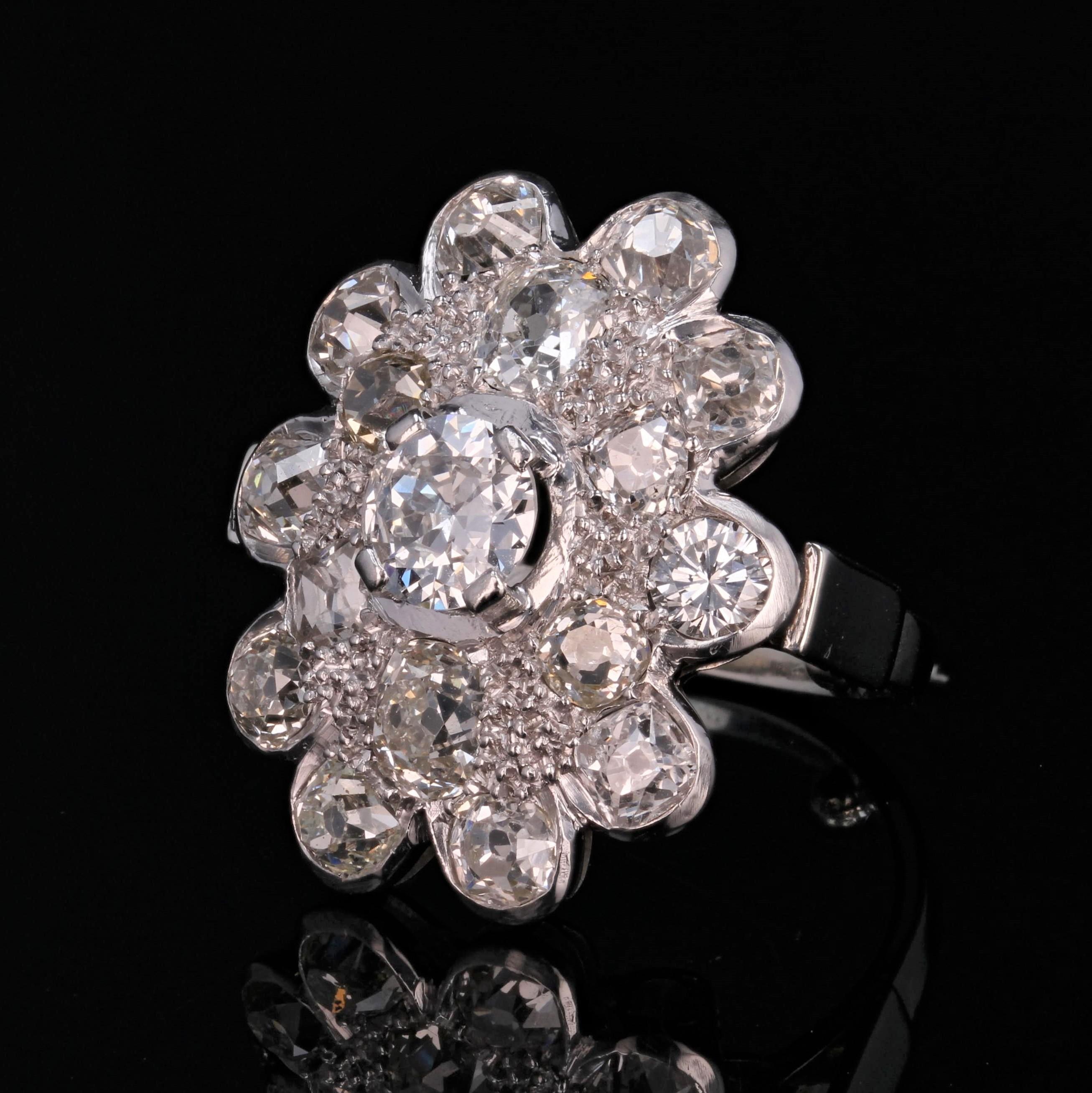 1950s 2.65 Carat Diamonds 18 Karat White Gold Flower Ring For Sale 1