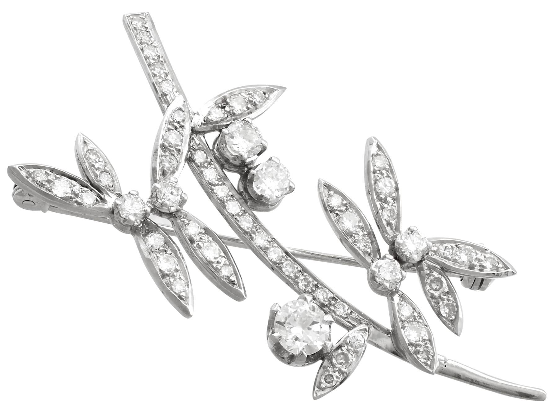 Round Cut 1950s 2.71 Carat Diamond and White Gold Floral Brooch For Sale