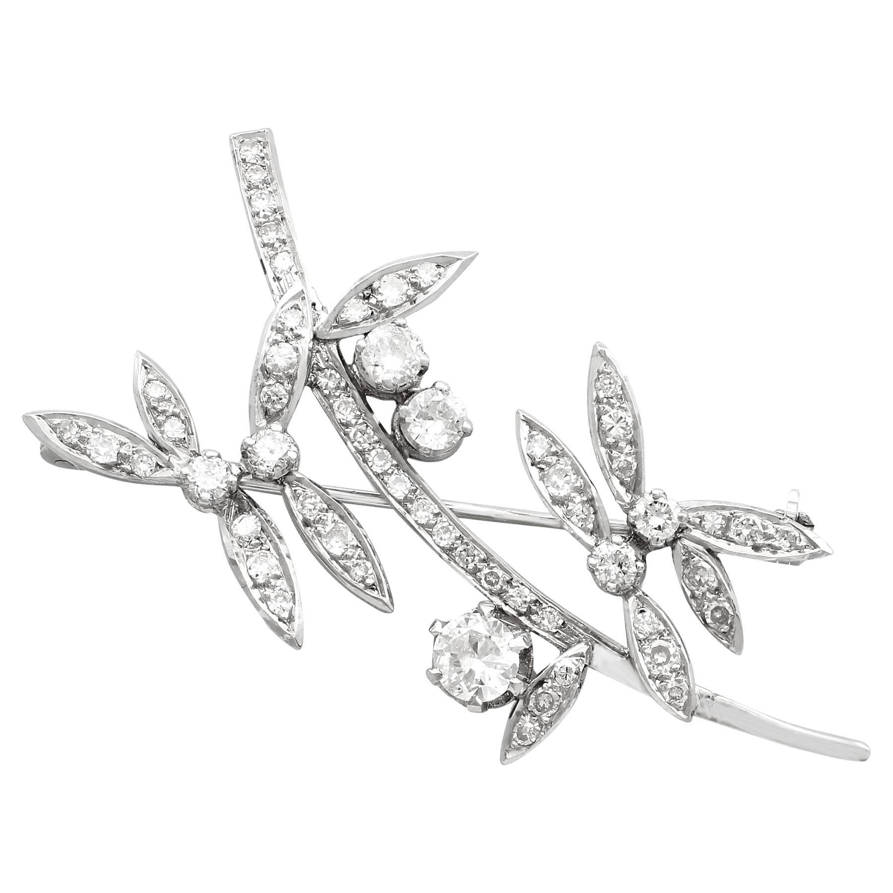 1950s 2.71 Carat Diamond and White Gold Floral Brooch For Sale