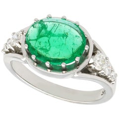1950s 2.72 Carat Cabochon Cut Emerald and Diamond White Gold Cocktail Ring
