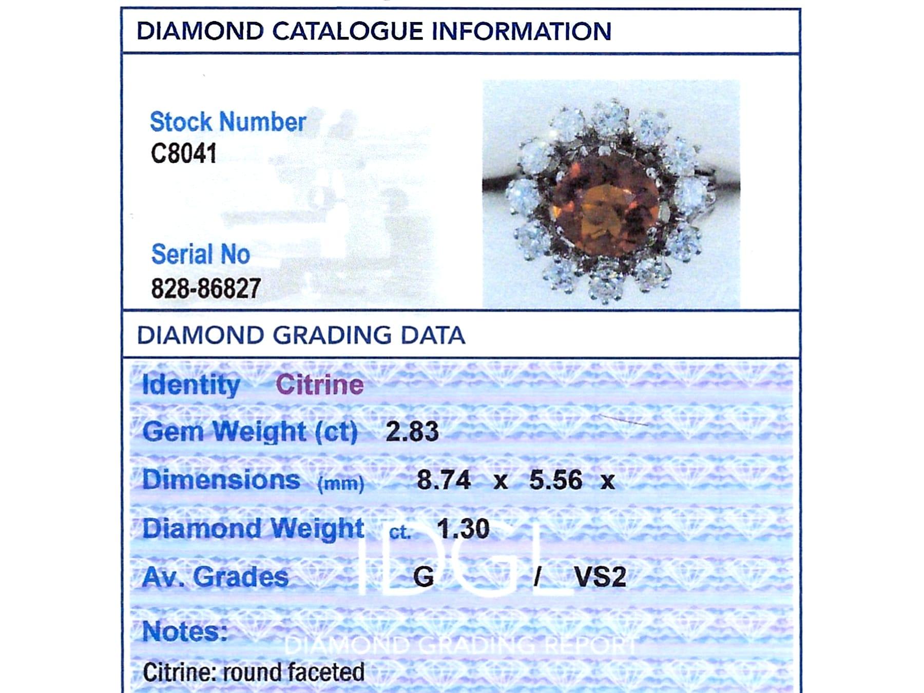 1950s 2.83 carat Citrine and 1.30 carat Diamond Cluster Ring in Platinum For Sale 1
