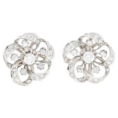 1950's 2.90 Carats Old European Diamond Platinum Radial Burst Ribbon Earrings