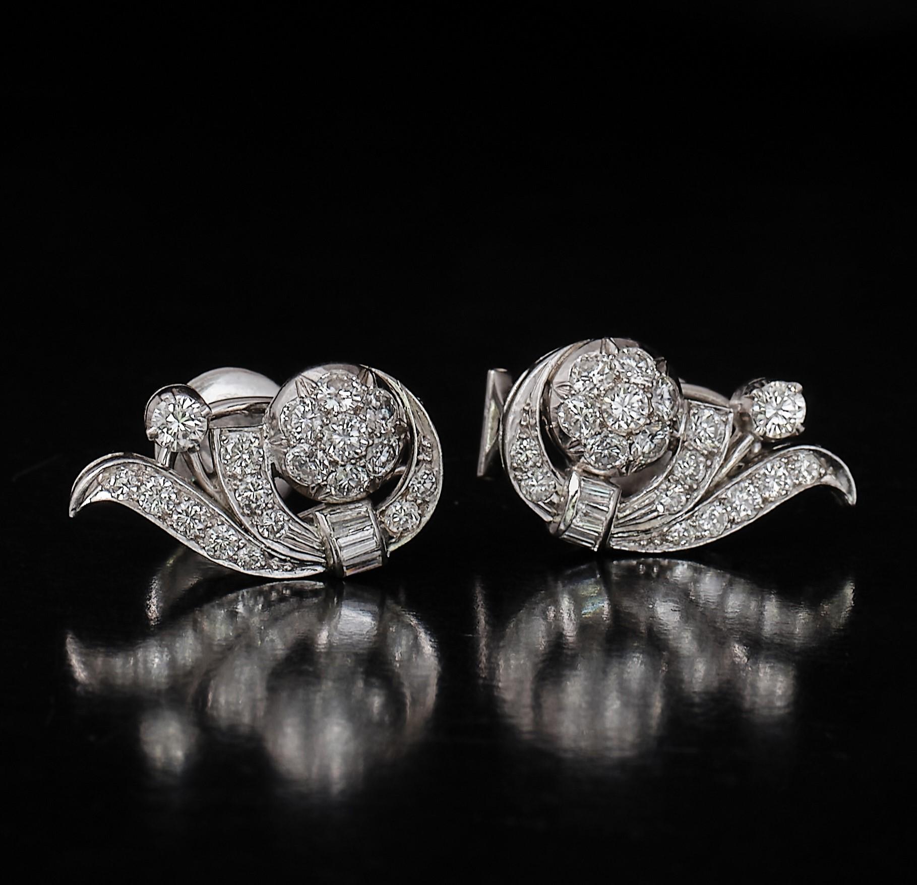 1950s 2ct diamond spray earrings In Good Condition For Sale In Malmö, SE