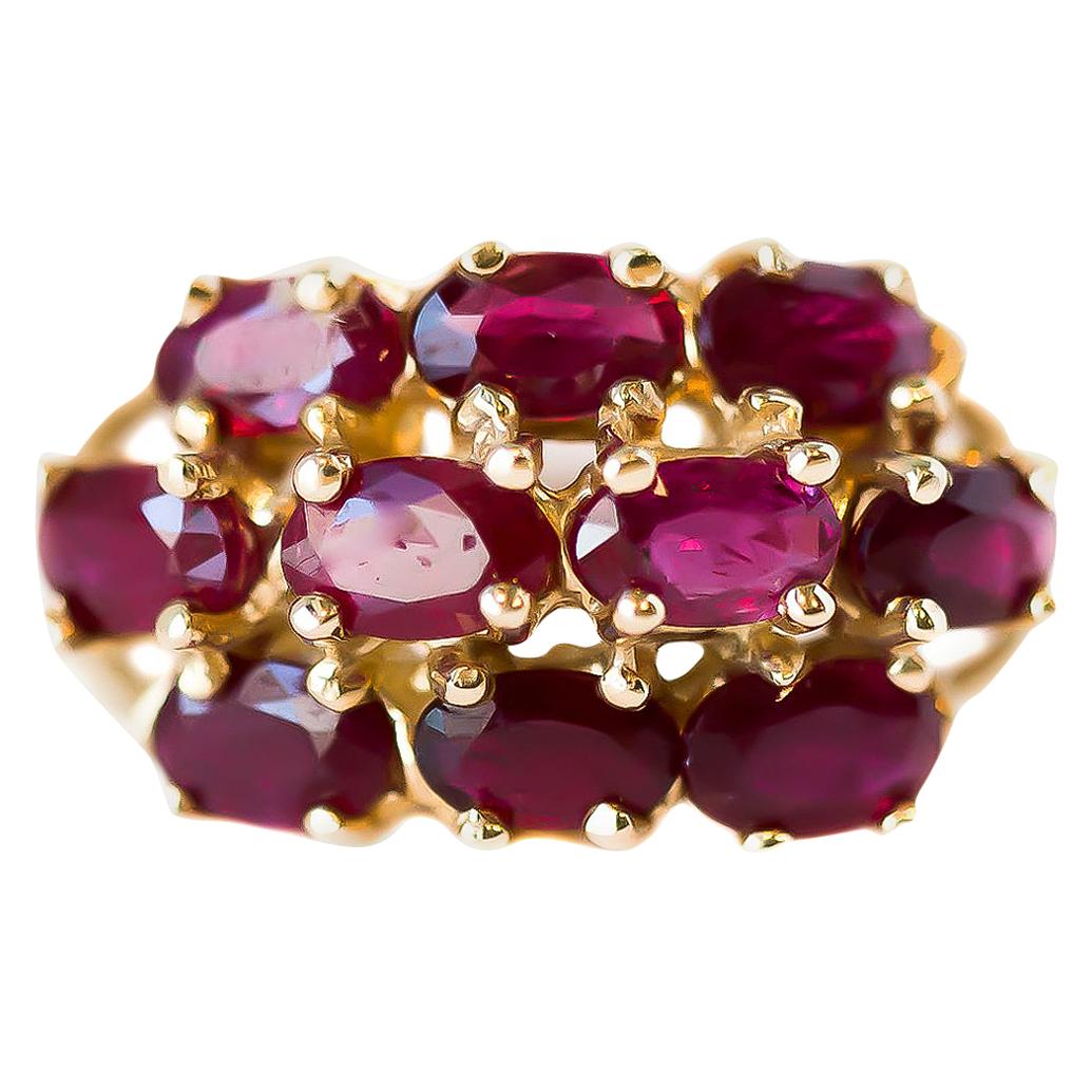 1950s 3 Carat Total Ruby and 14 Karat Yellow Gold Cluster Cocktail Ring