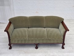 1950s, 3-seater Danish sofa, green furniture velour, teak wood.