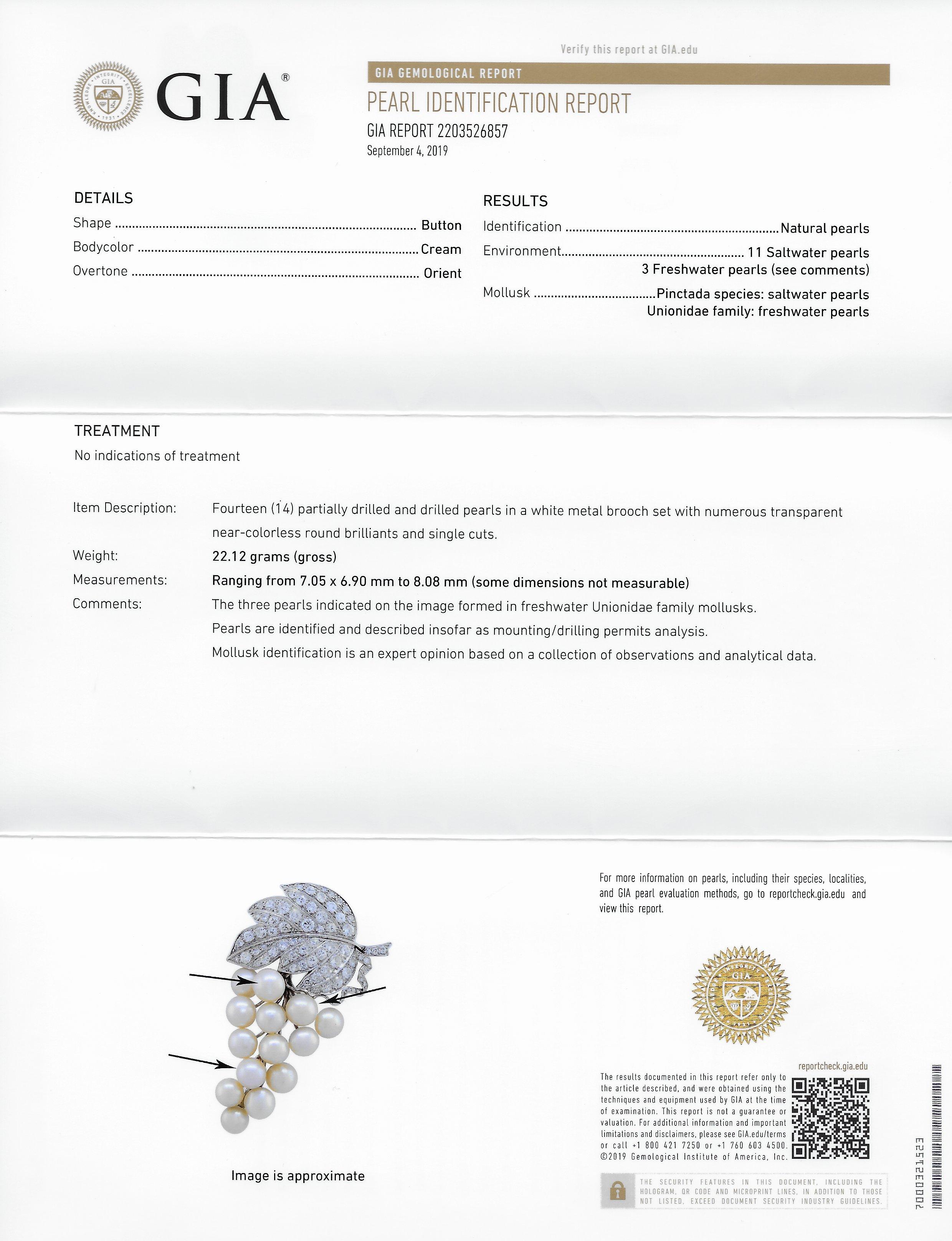 1950s 3.00 Carat Diamond Natural Saltwater Pearl Platinum Grape Leaf Brooch GIA 4