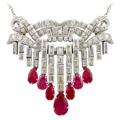 1950s 3.10 Carat Ruby and 4.29 Carat Diamond Platinum Drop Necklace