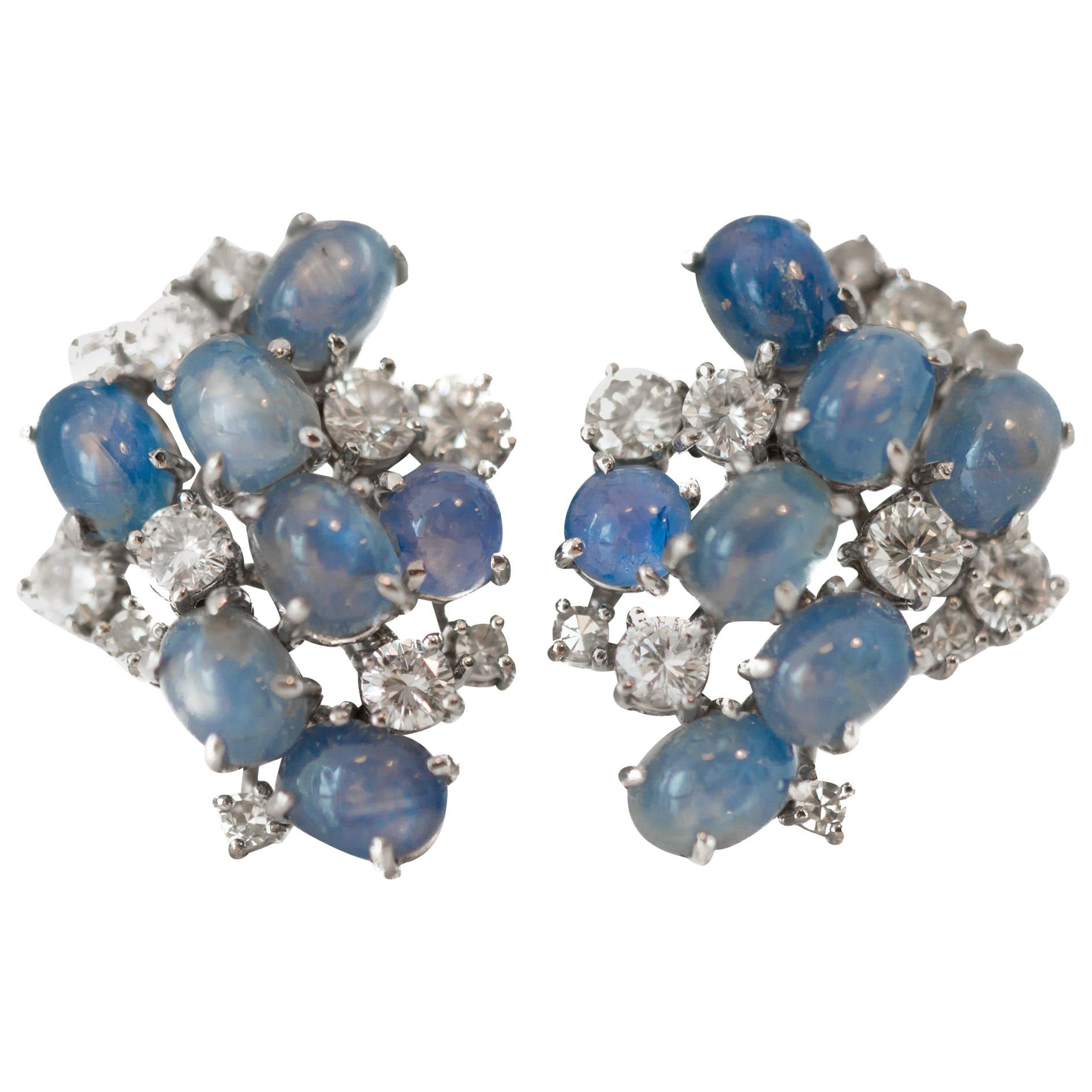 1950s 3.5 Carat Total Diamond and Sapphire Clip-On Earrings for Non Pierced Ears