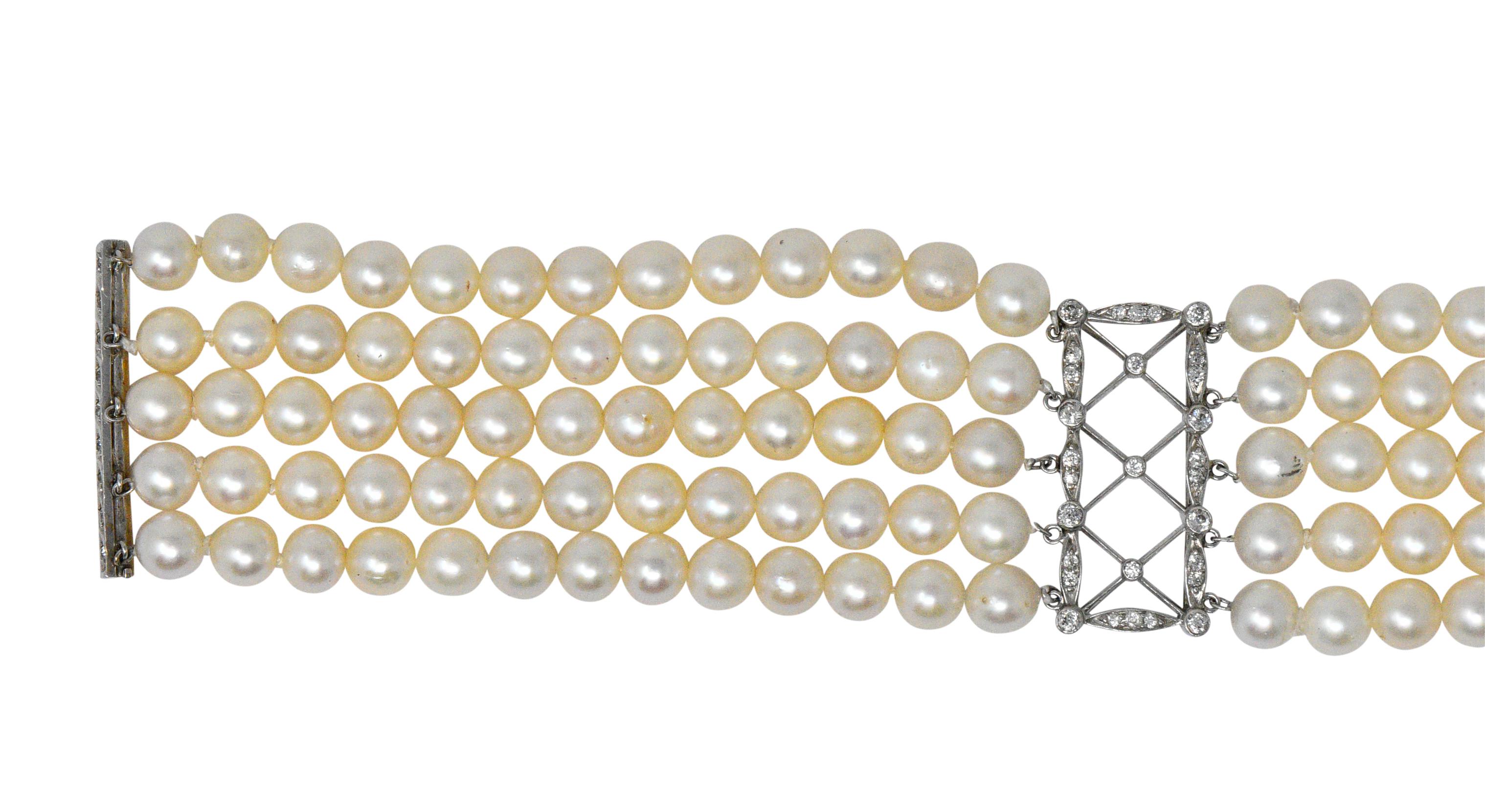 Rose Cut 1950s 3.50 Carat Diamond Cultured Pearl Platinum Choker Necklace