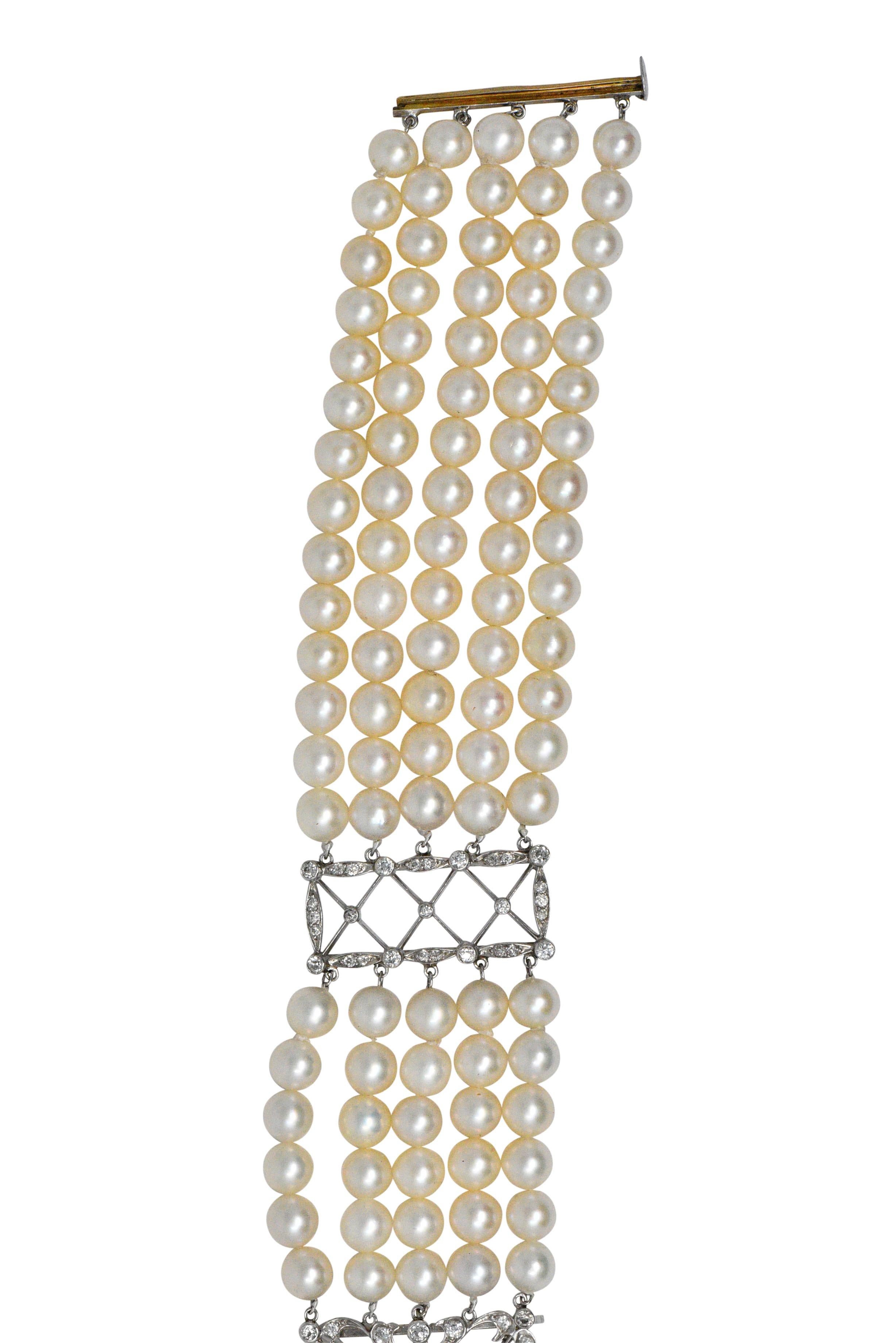 1950s 3.50 Carat Diamond Cultured Pearl Platinum Choker Necklace In Excellent Condition In Philadelphia, PA