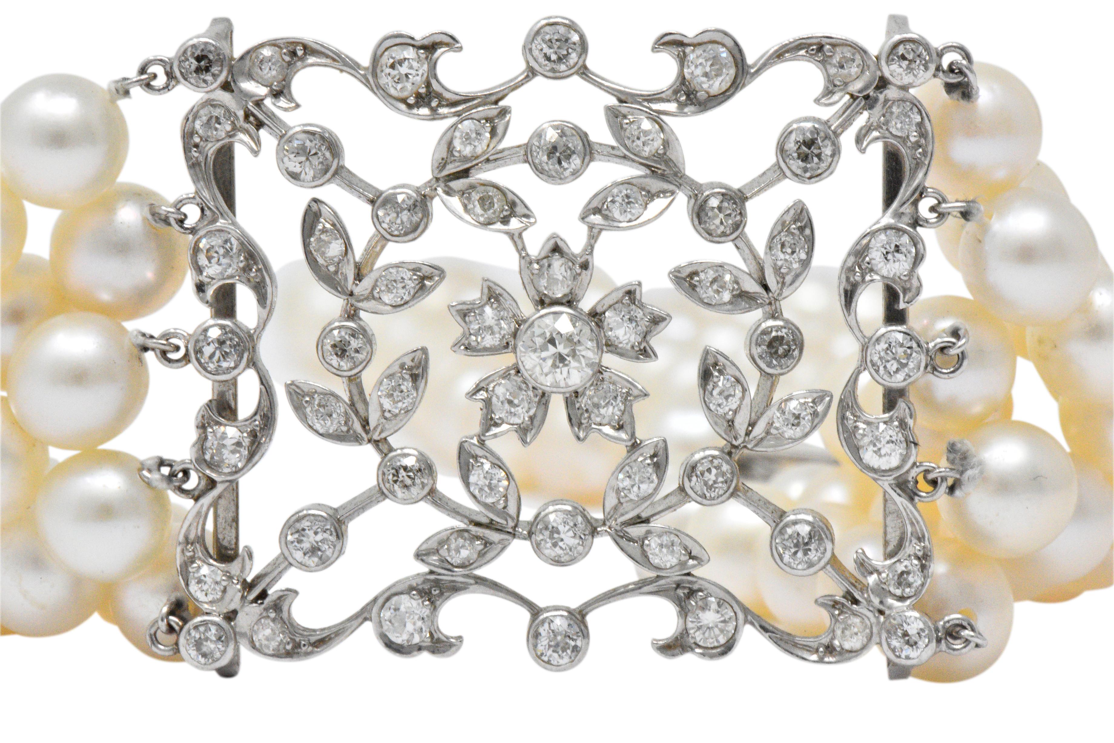 Women's or Men's 1950s 3.50 Carat Diamond Cultured Pearl Platinum Choker Necklace