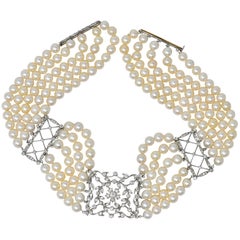 1950s 3.50 Carat Diamond Cultured Pearl Platinum Choker Necklace