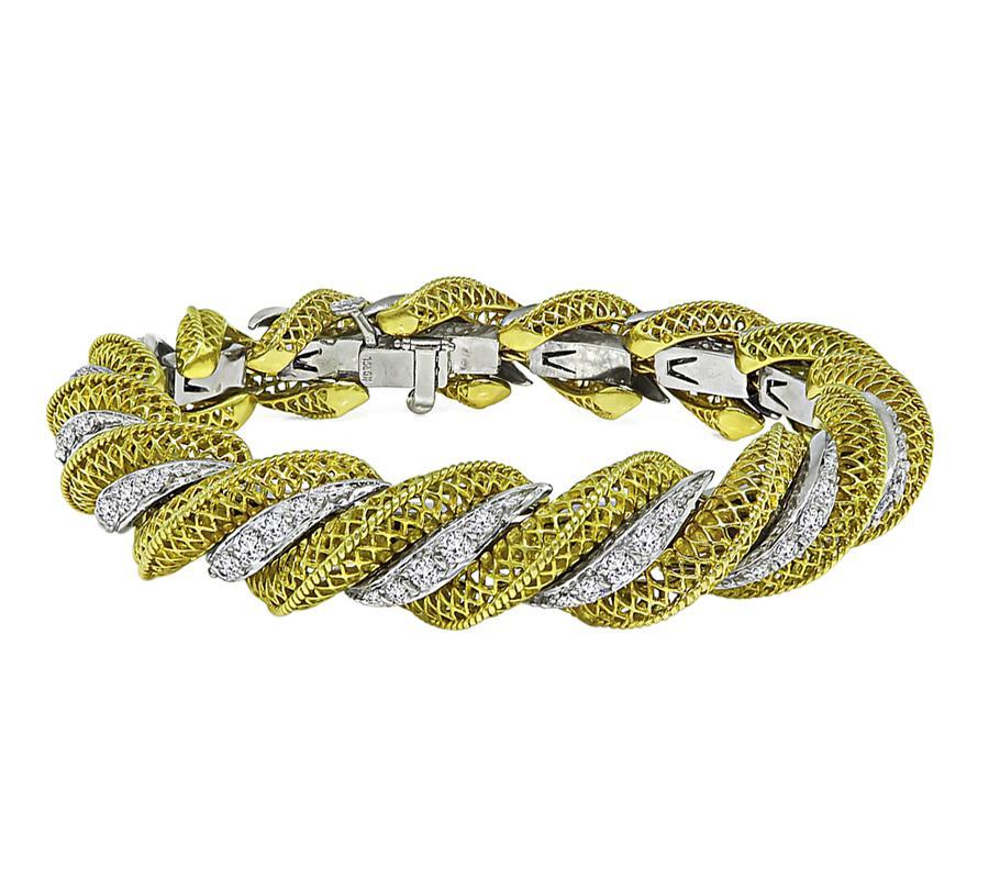 Round Cut 1950s 3.75ct Diamond Two Tone Gold Bracelet For Sale