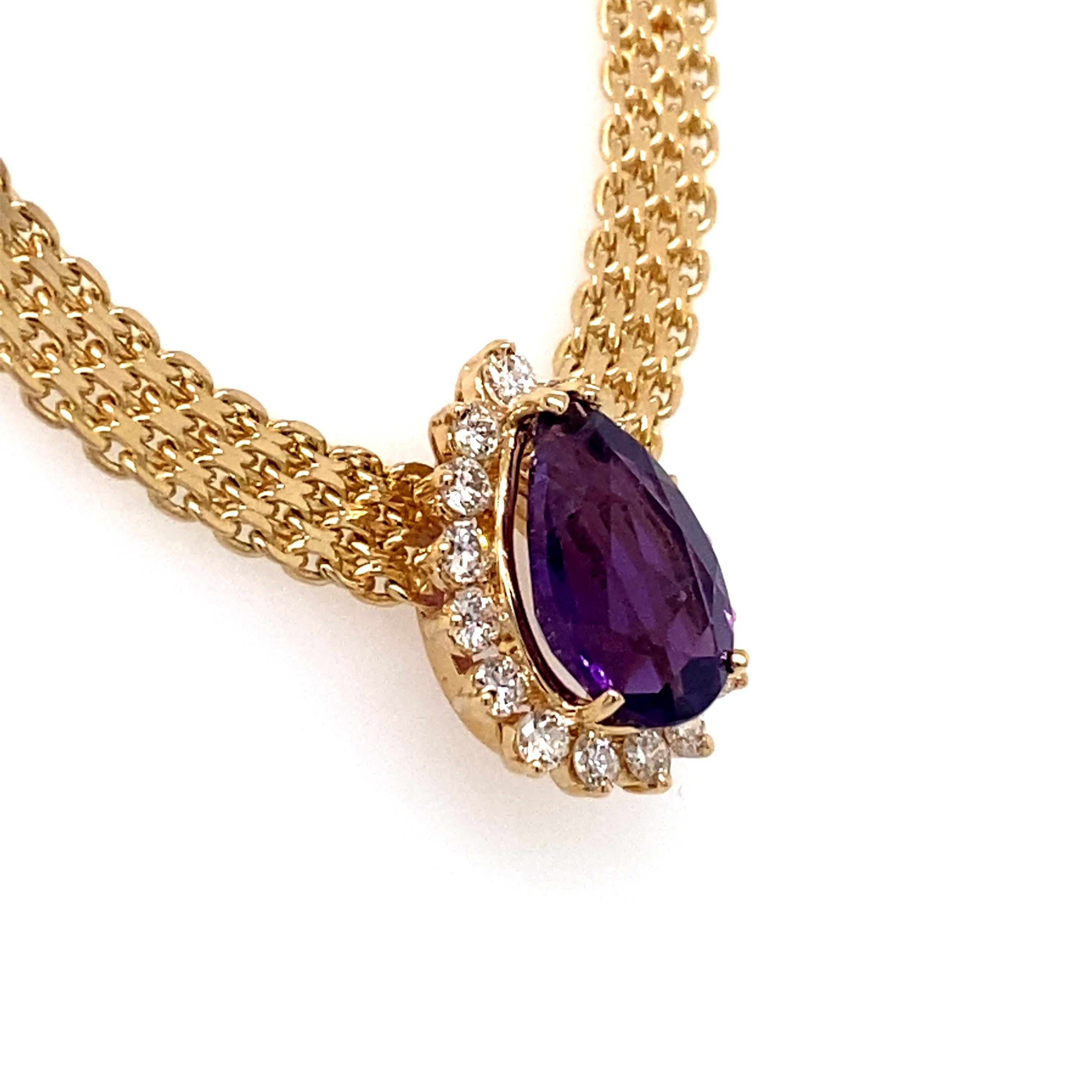 Circa: 1950
Metal Type: 14 karat gold 
Weight: 15.8 grams
Length: 16 inch

Diamond Details:
Carat: 0.50 carat total weight
Shape: Round
Color: G
Clarity: VS

Amethyst Details:
Carat: 4.0 carats
Cut: Pear brilliant