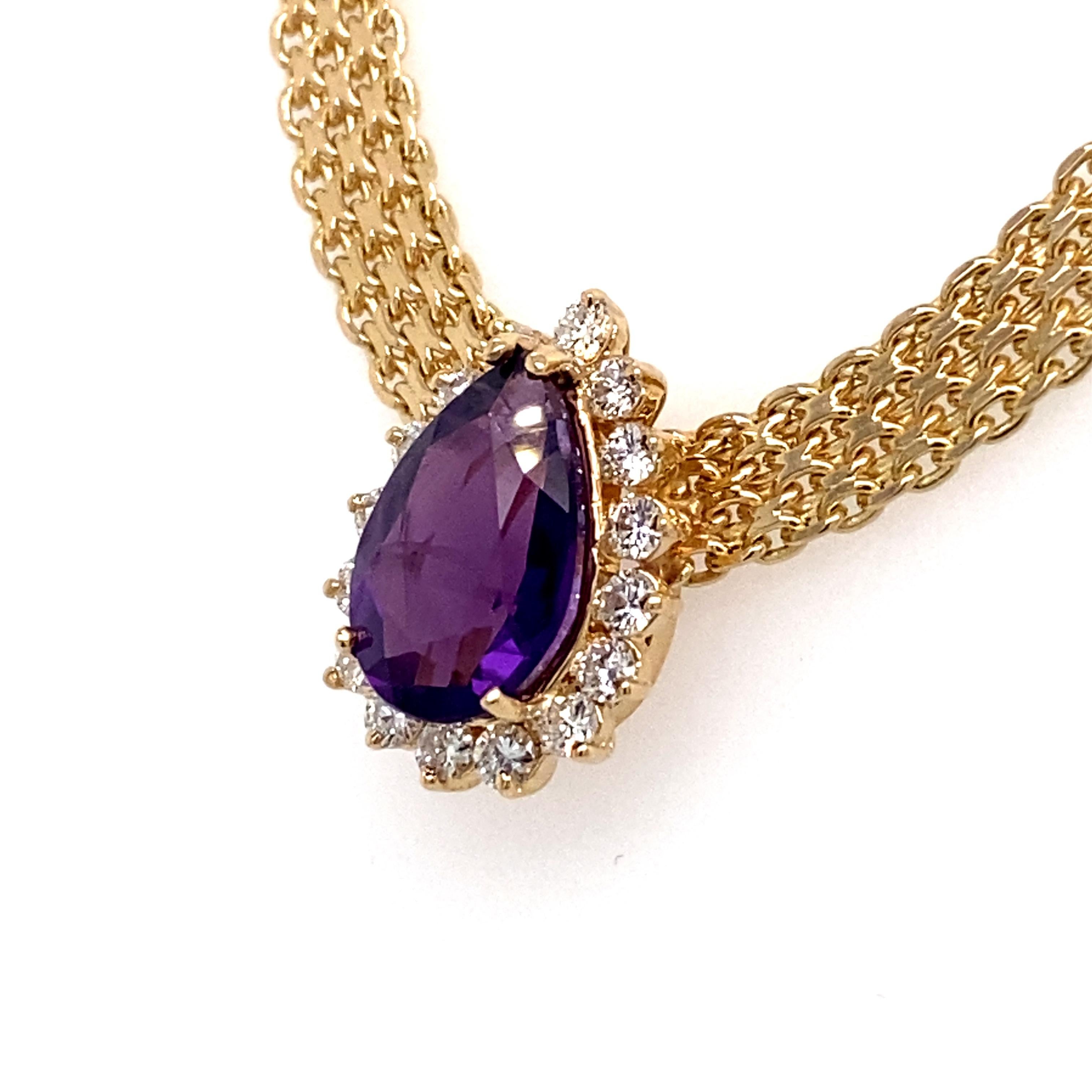 Retro 1950s 4 Carat Amethyst and Diamond Halo Necklace in 14 Karat Gold