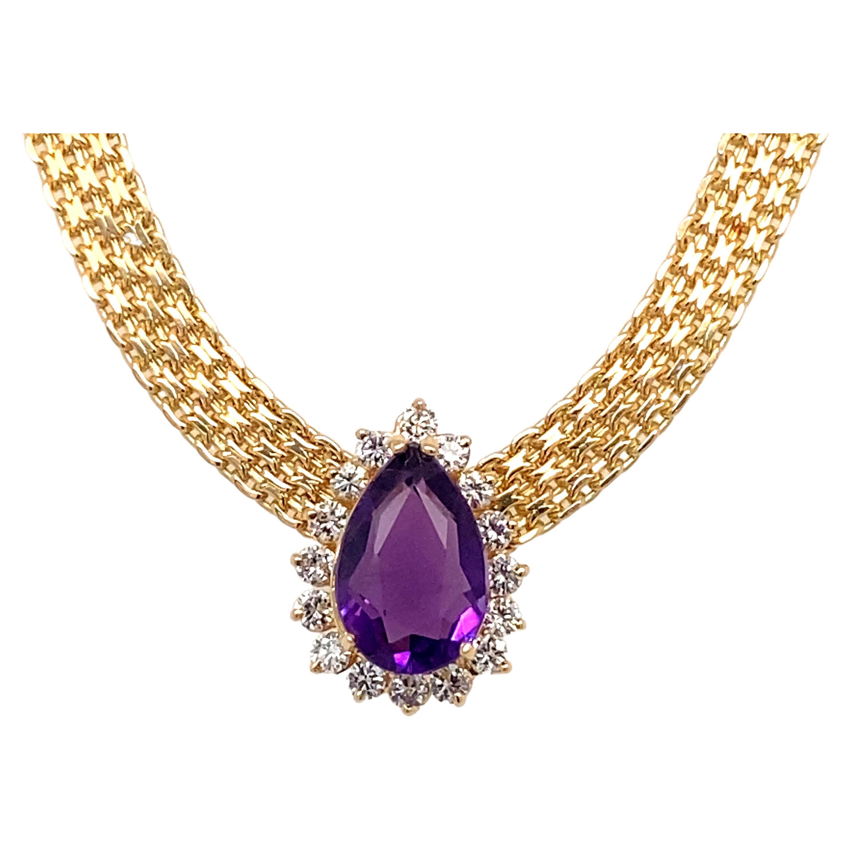 1950s 4 Carat Amethyst and Diamond Halo Necklace in 14 Karat Gold