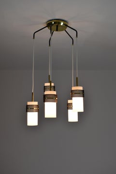 1950s Italian 5-Light Opaline Glass & Brass Pendant by Stilnovo