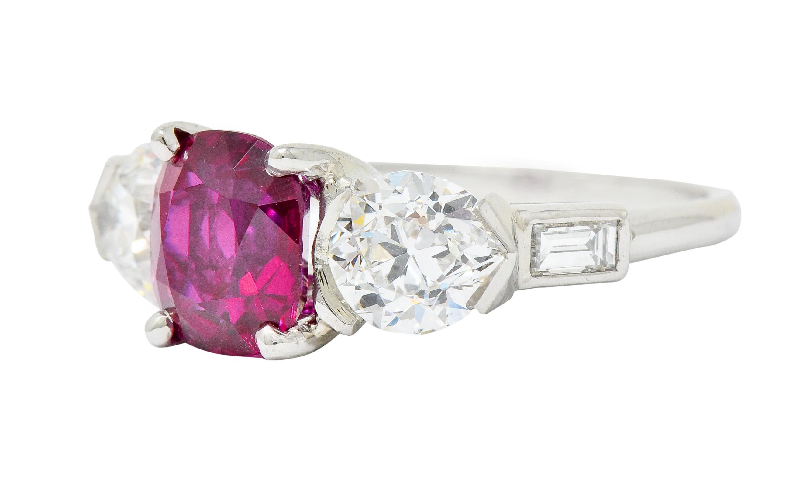 Women's or Men's 1950s 4.06 Carat Unheated Burmese Ruby Diamond Platinum Three-Stone Ring AGL