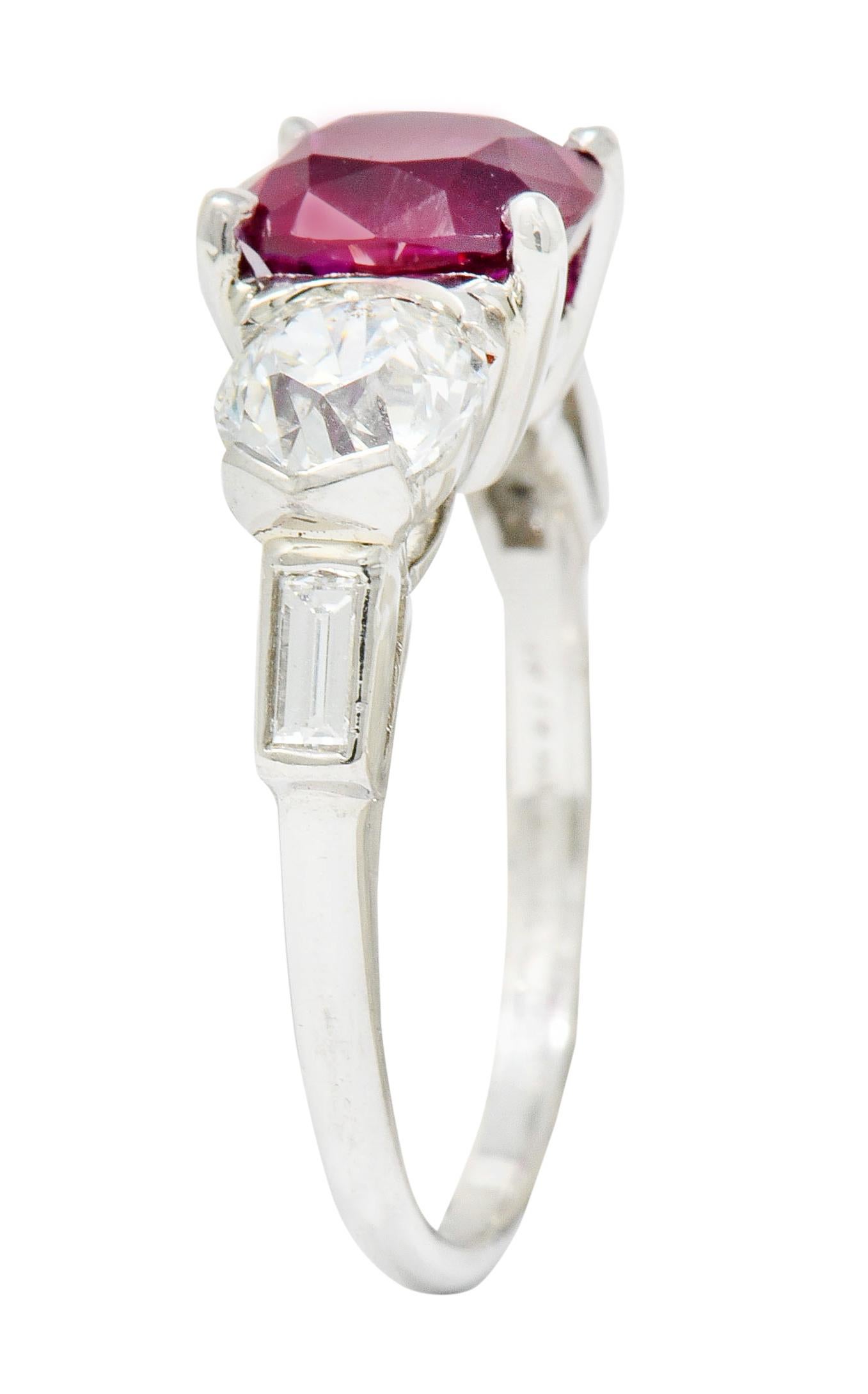 1950s 4.06 Carat Unheated Burmese Ruby Diamond Platinum Three-Stone Ring AGL 1