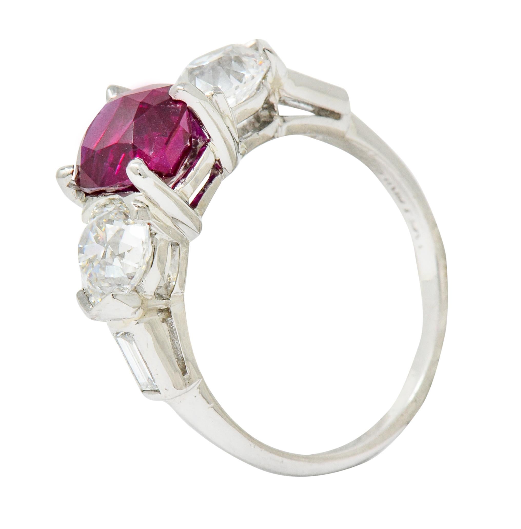 1950s 4.06 Carat Unheated Burmese Ruby Diamond Platinum Three-Stone Ring AGL 2