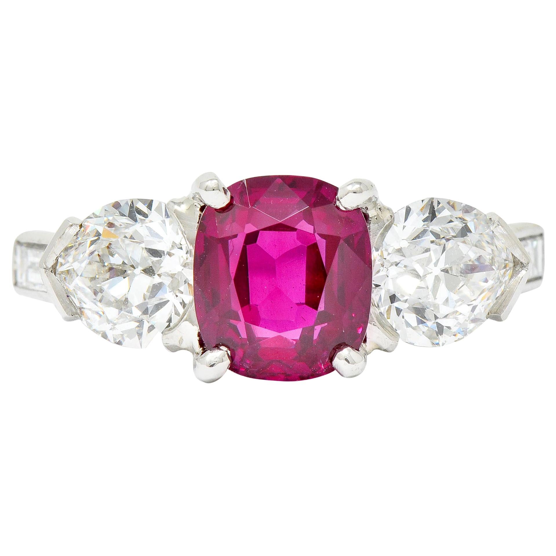 1950s 4.06 Carat Unheated Burmese Ruby Diamond Platinum Three-Stone Ring AGL