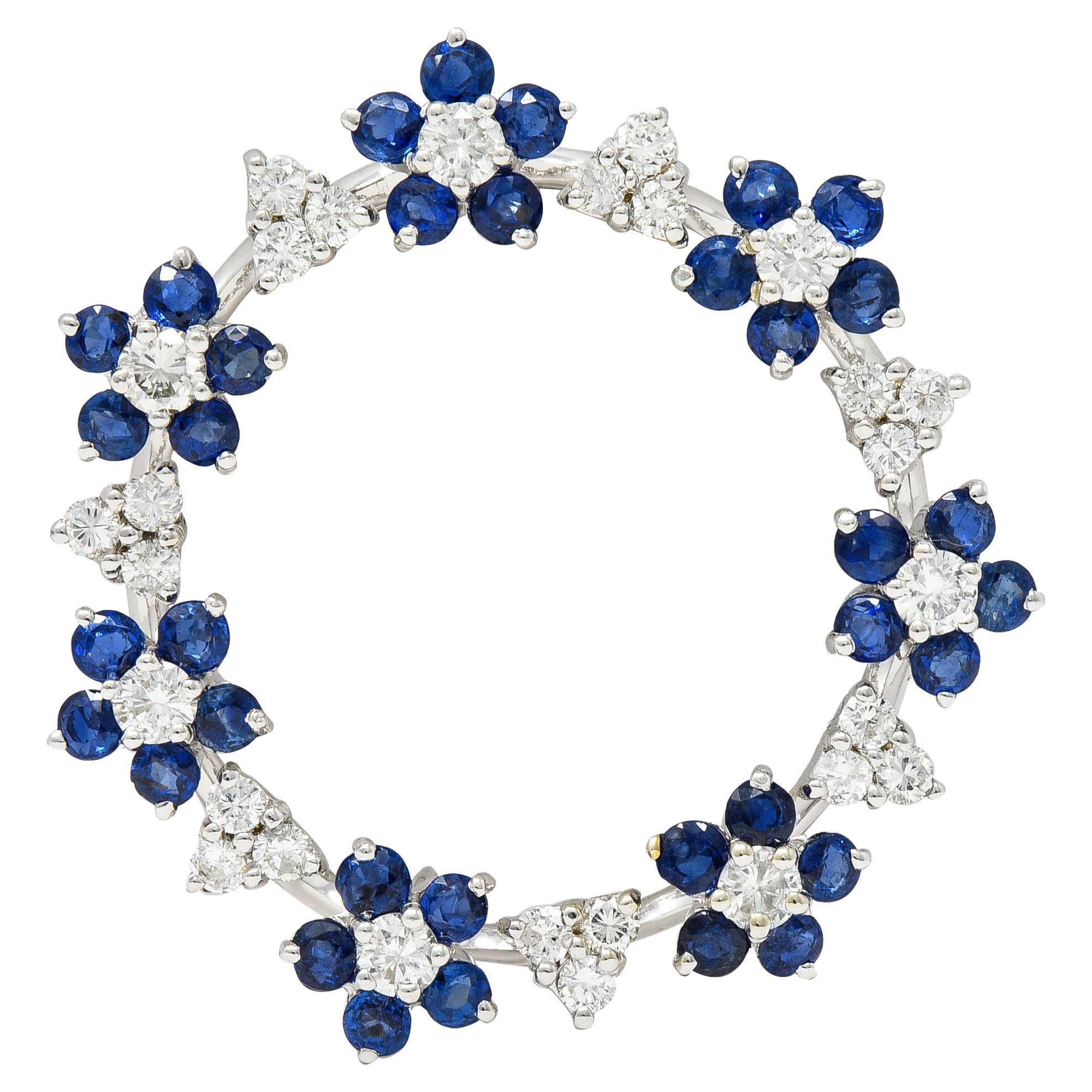 1950s 4.37 Carats Sapphire Diamond 18 Karat White Gold Flower Wreath Brooch For Sale