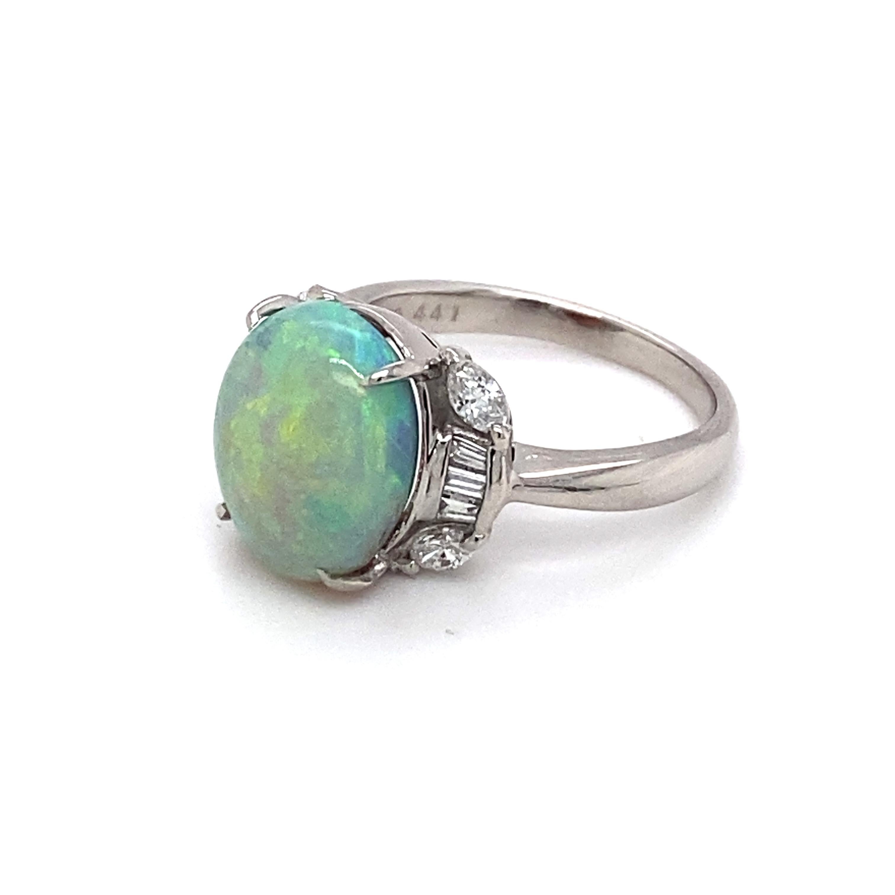 Round Cut 1950s 4.41 Carat Opal and Diamond Ring in Platinum