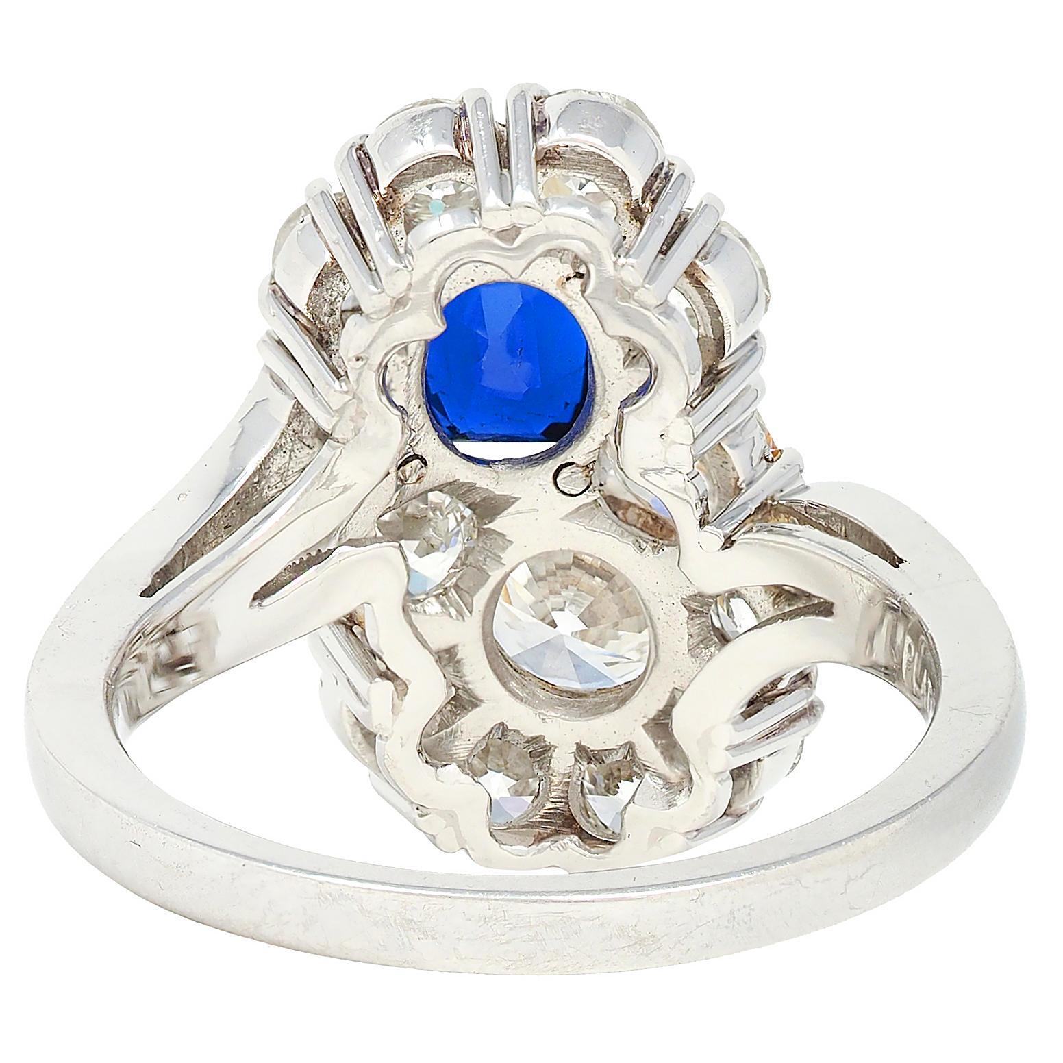 Women's or Men's 1950's 4.45 CTW No Heat Sapphire Diamond Platinum Vintage Toi-Et-Moi Ring AGL For Sale