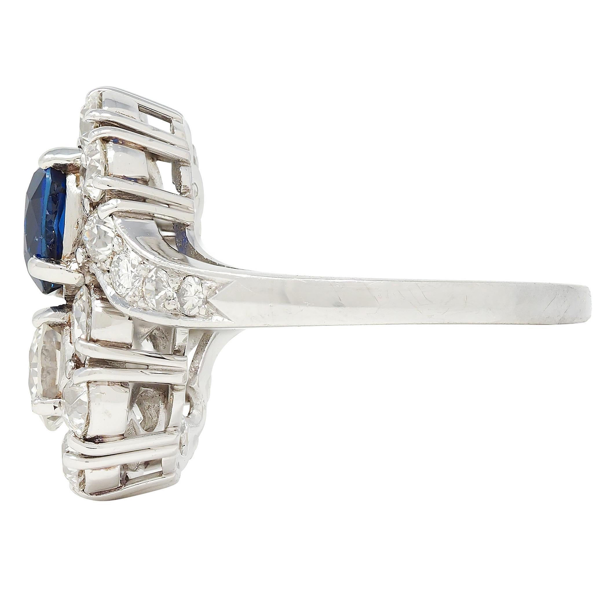 1950's 4.45 CTW No Heat Sapphire Diamond Platinum Vintage Toi-Et-Moi Ring AGL For Sale 1