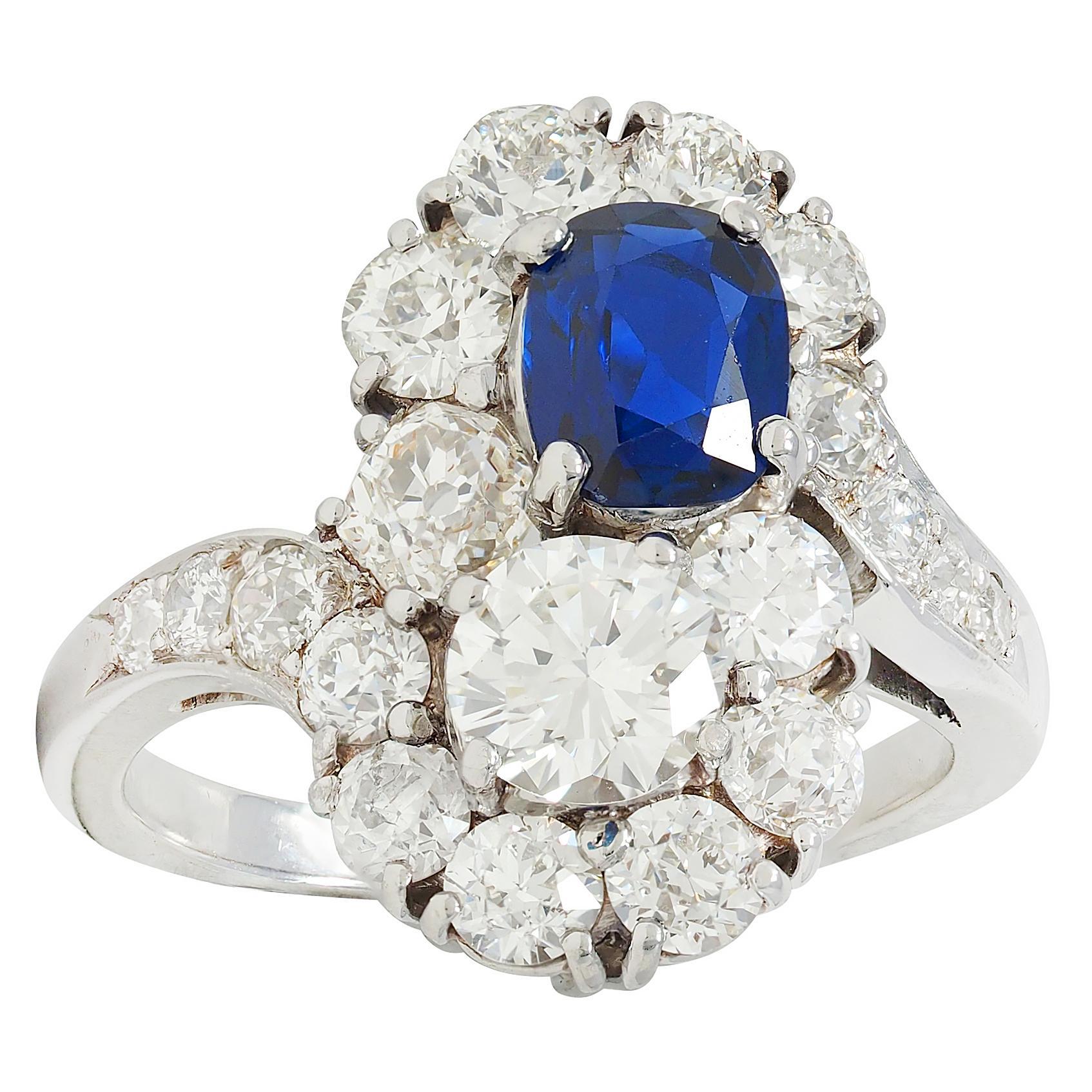 1950's 4.45 CTW No Heat Sapphire Diamond Platinum Vintage Toi-Et-Moi Ring AGL For Sale 3