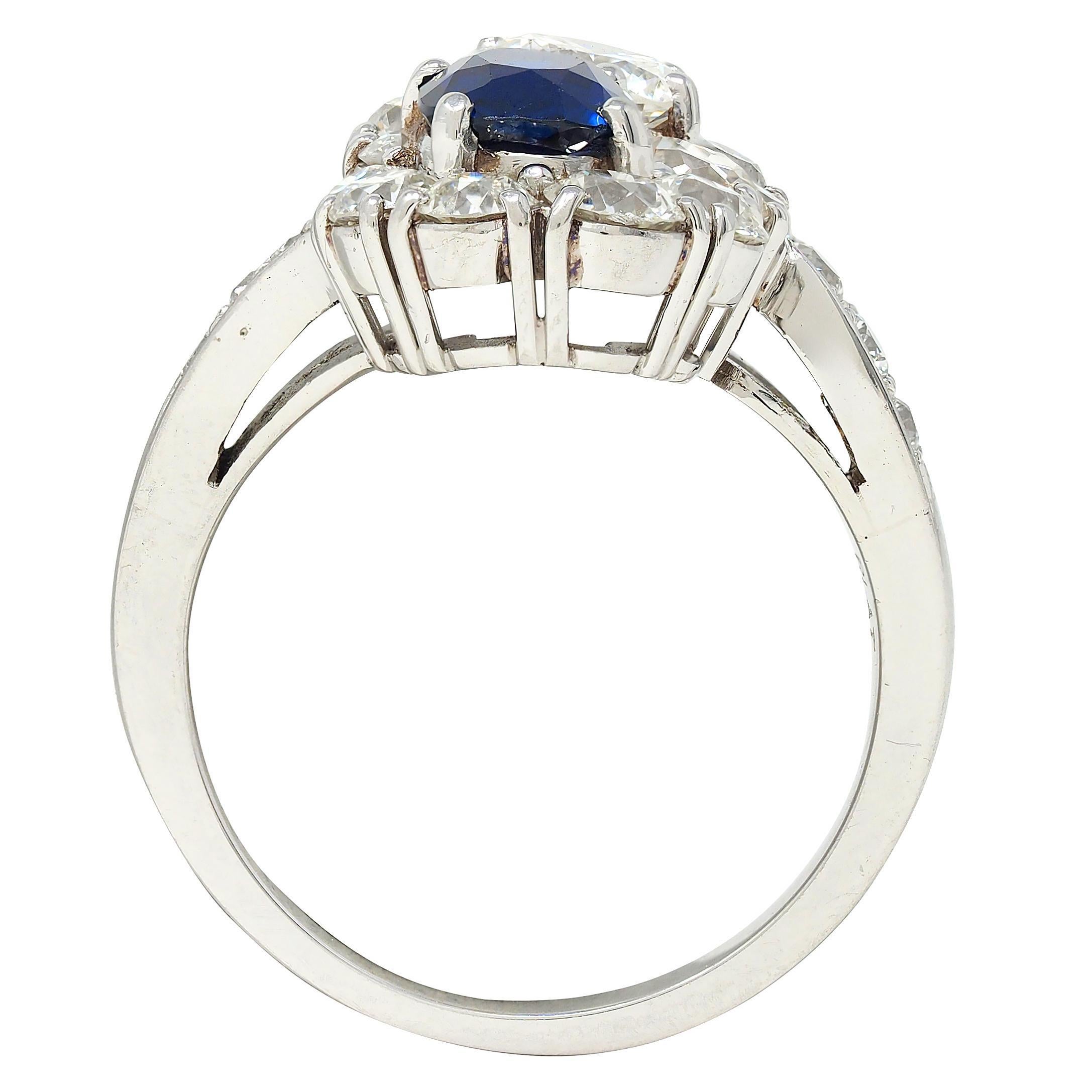 1950's 4.45 CTW No Heat Sapphire Diamond Platinum Vintage Toi-Et-Moi Ring AGL For Sale 4