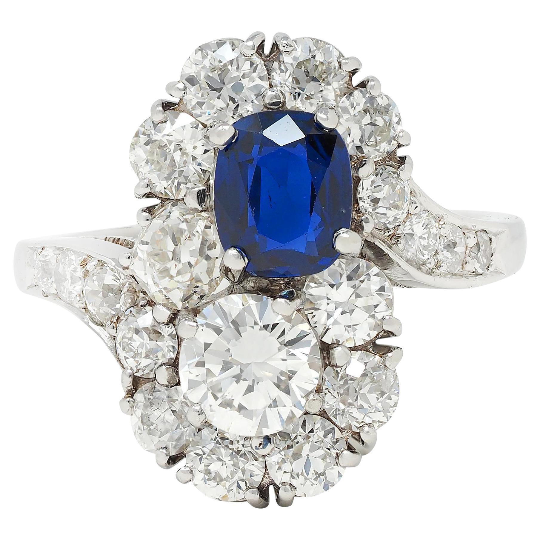 1950's 4.45 CTW No Heat Sapphire Diamond Platinum Vintage Toi-Et-Moi Ring AGL For Sale