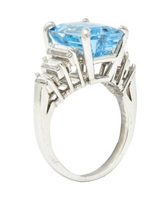 1950's 4.53 Carats Emerald Cut Aquamarine Baguette Cut Diamond Platinum Ring