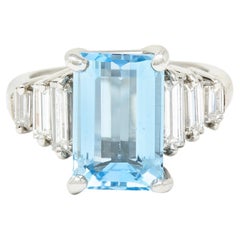 1950's 4.53 Carats Emerald Cut Aquamarine Baguette Cut Diamond Platinum Ring