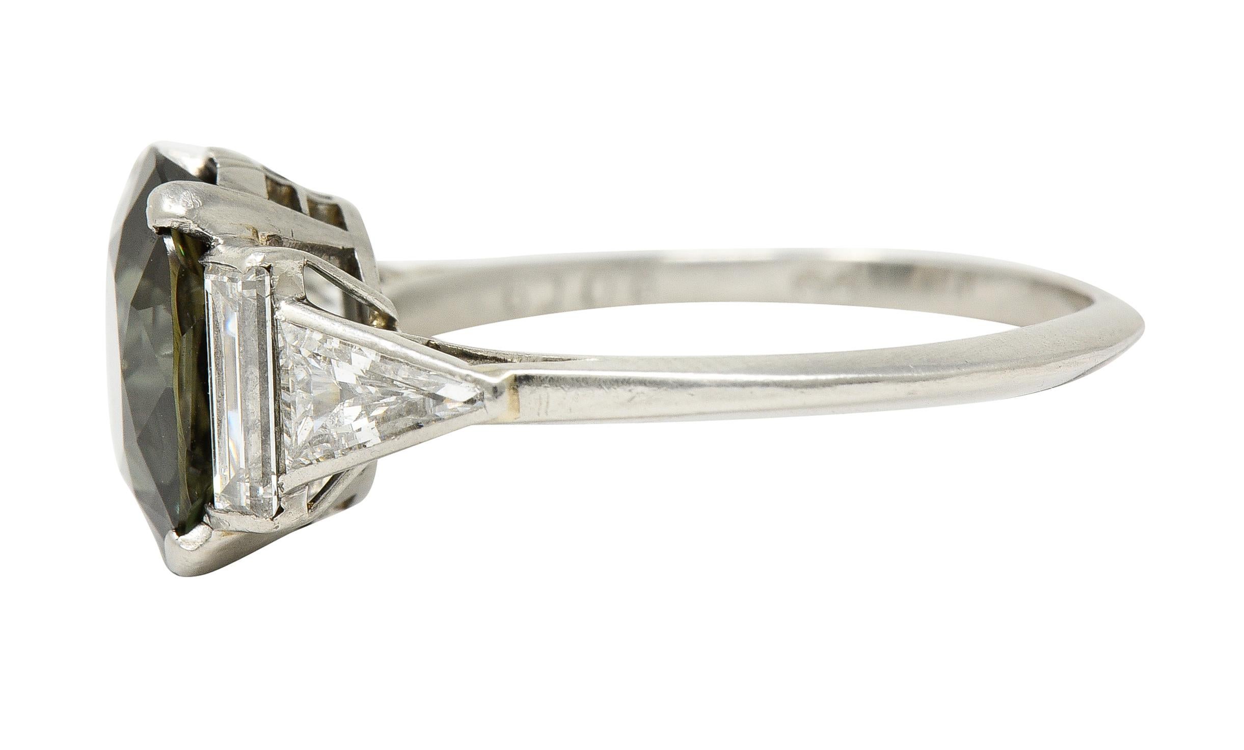 1950s 4.84 Carats Ceylon Alexandrite Diamond Platinum Geometric Gemstone Ring For Sale 1
