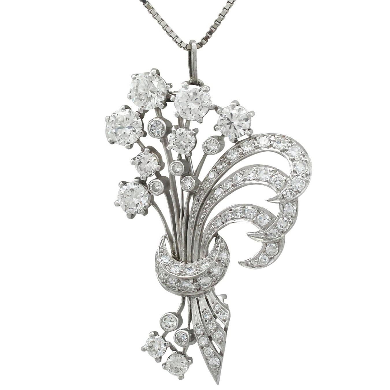 1950s 4.98 Carat Diamond and Platinum Flower Spray Brooch / Pendant