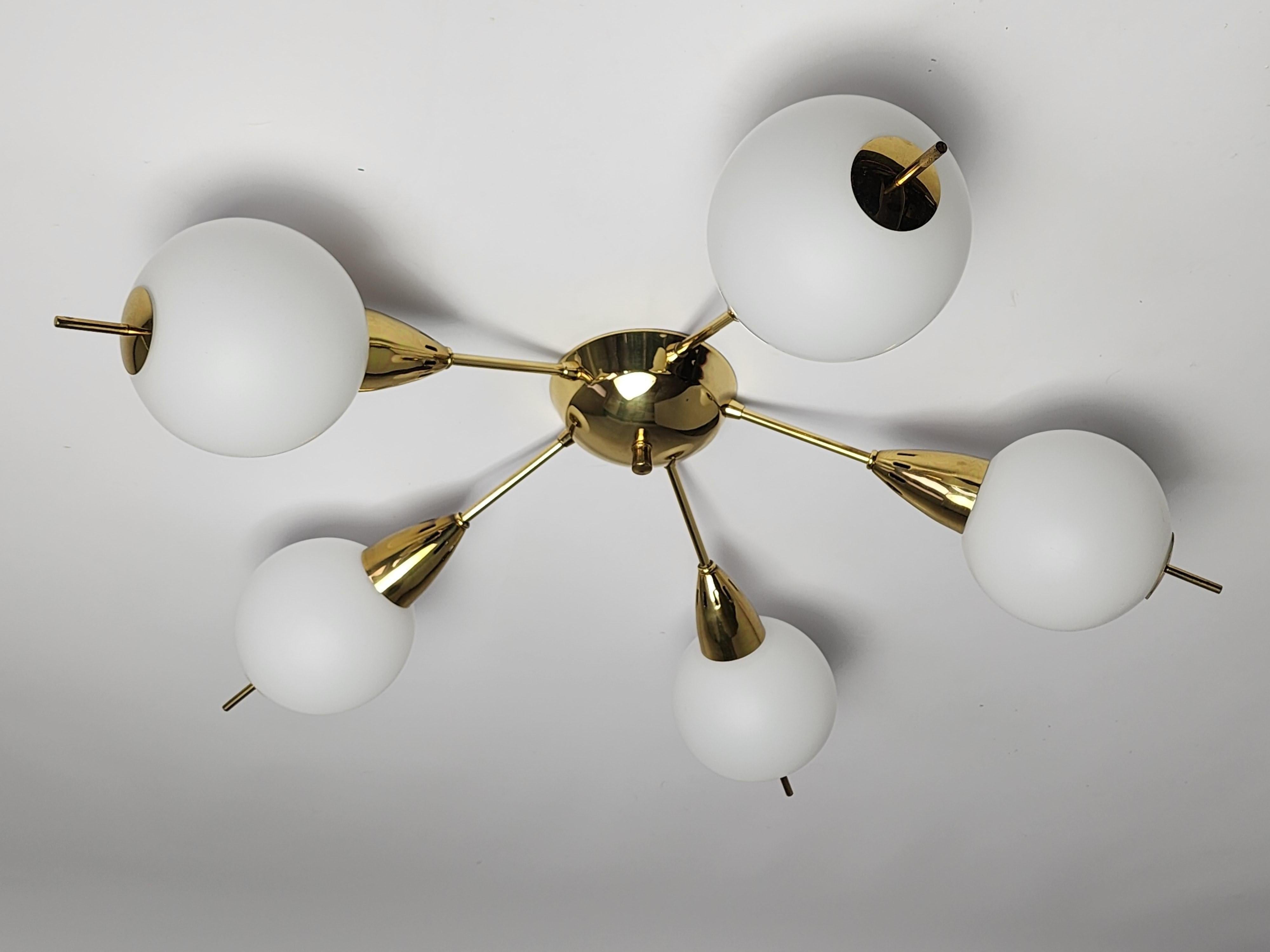 Italian 1950s 5 Arm Brass Sputnik Flush Mount, Italy For Sale