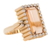 1950s 5 Carat Citrine, Diamond Halo, 18 Karat Yellow Gold Cocktail Ring