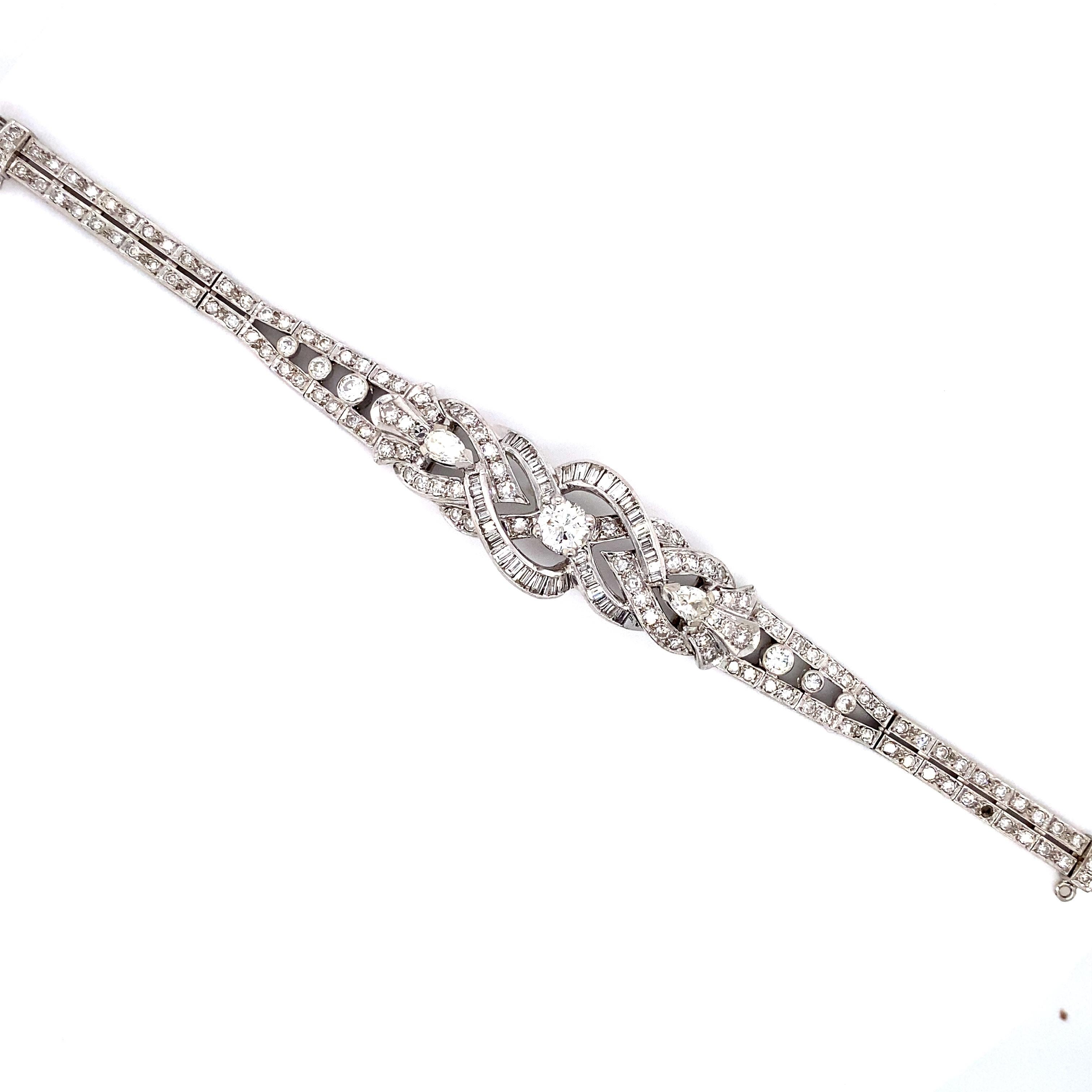 Women's 1950s 5 Carat Pear, Baguette and Round Diamond Bracelet in 14 Karat Gold