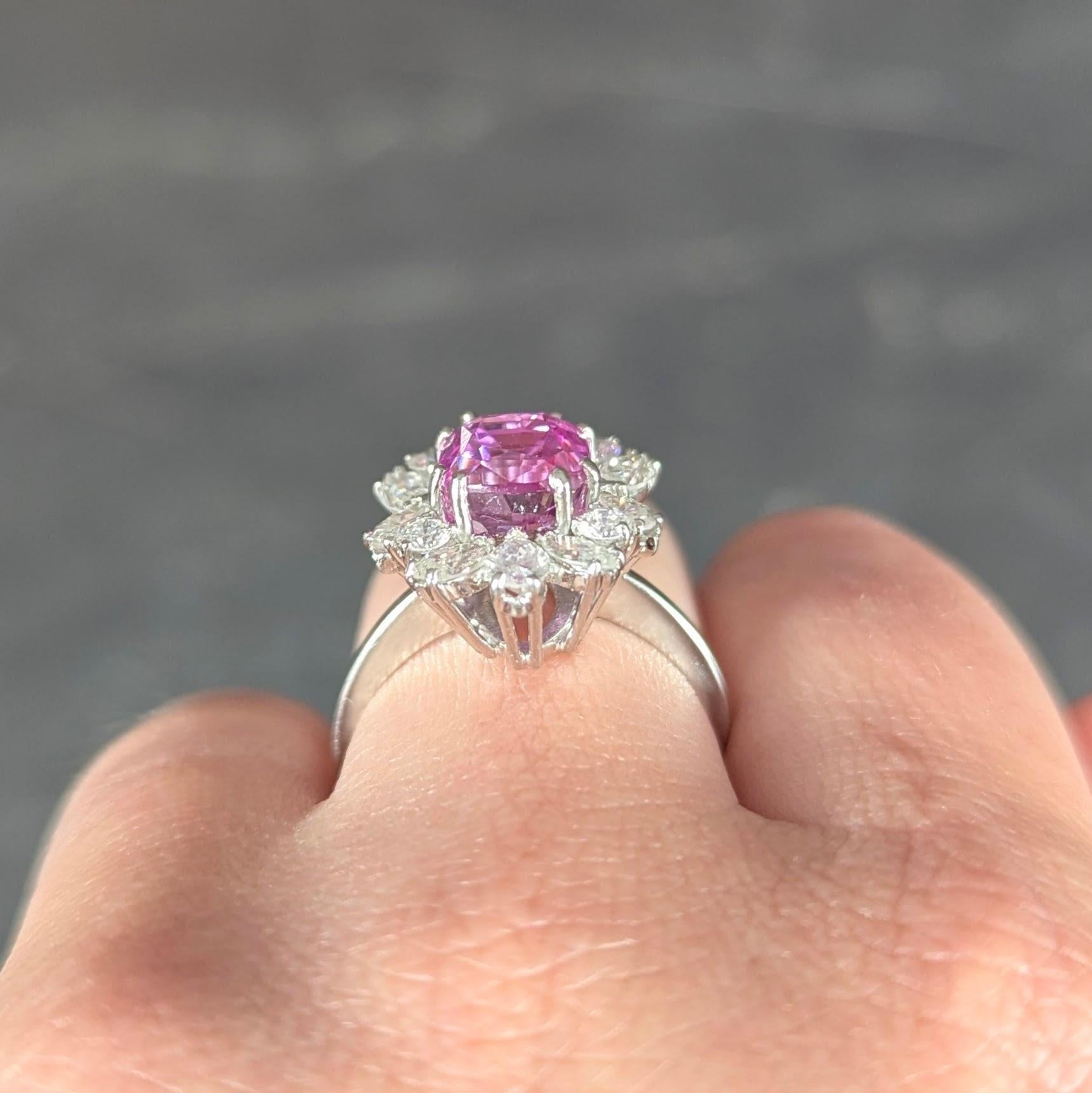 Anello a grappolo vintage in platino con zaffiro rosa di Ceylon da 5,44 CTW del 1950, GIA in vendita 5