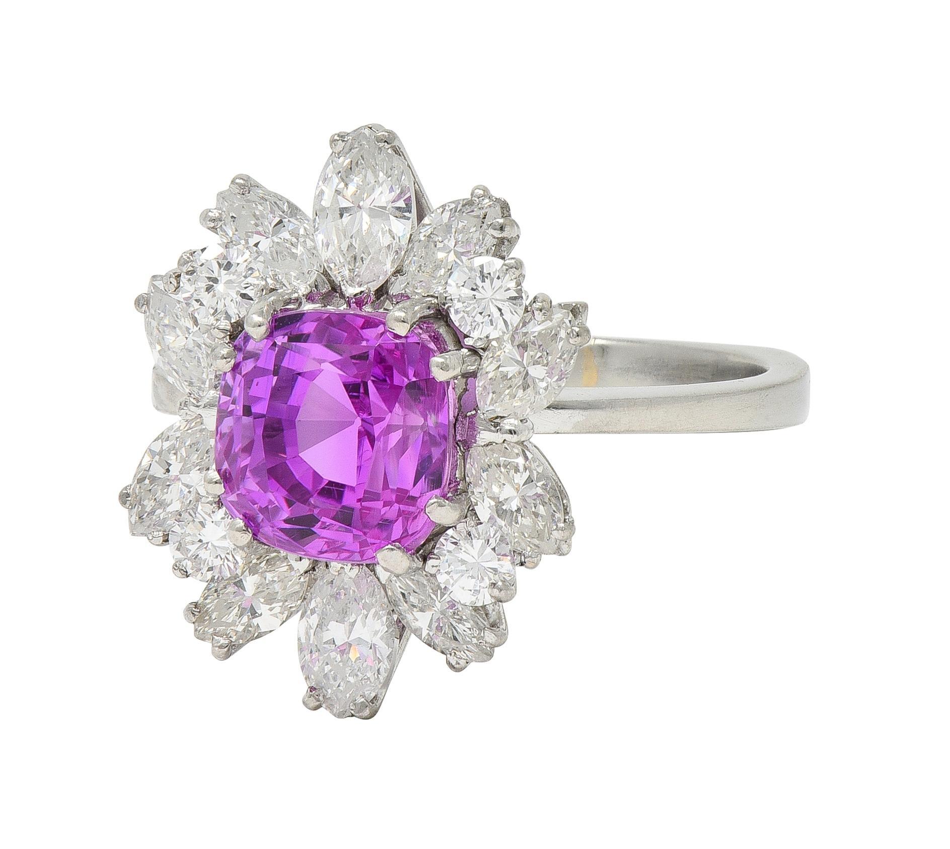 Anello a grappolo vintage in platino con zaffiro rosa di Ceylon da 5,44 CTW del 1950, GIA in vendita 2