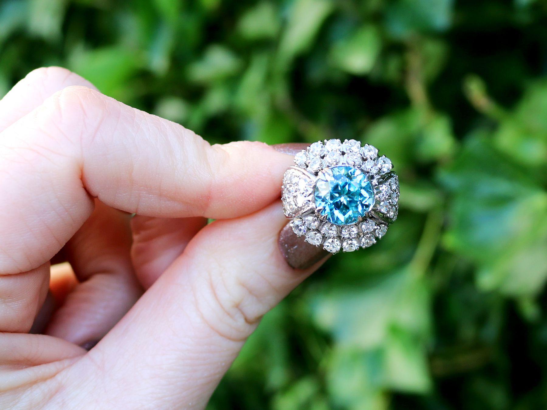 A stunning vintage 5.70Ct high zircon and 3.15Ct diamond, 18k white gold dress ring; part of our diverse vintage jewelry and estate jewelry collections.

This stunning, fine and impressive blue zircon ring has been crafted in 18k white gold.

The