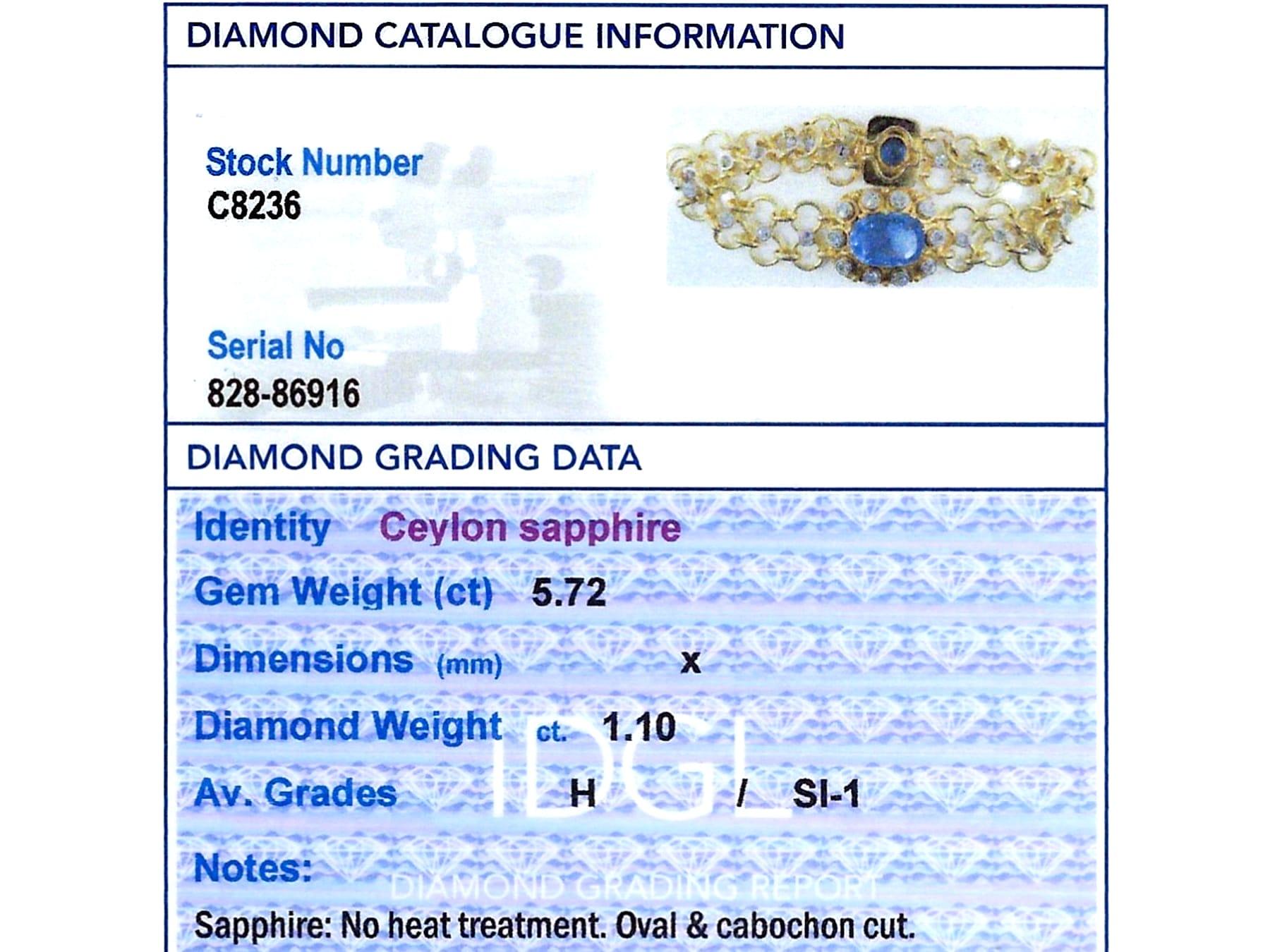 1950s 5.72 Carat Sapphire and 1.10 Carat Diamond 12k Yellow Gold Bracelet For Sale 4