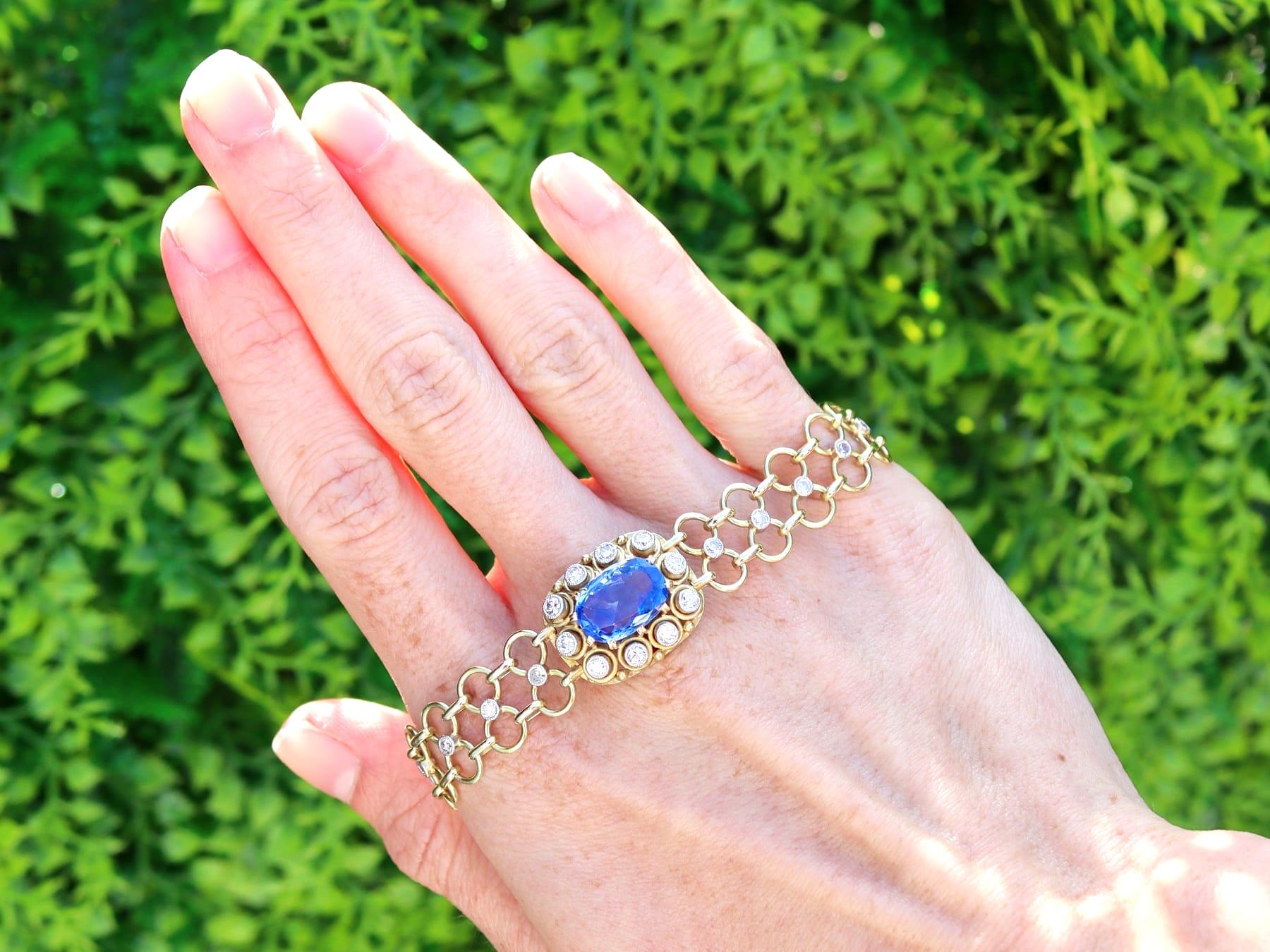 A stunning, fine and impressive 5.72 carat sapphire and 1.10 carat diamond, 12 karat yellow gold bracelet; part of our diverse vintage sapphire jewelry and estate jewelry collections

This stunning, fine and impressive vintage sapphire bracelet has